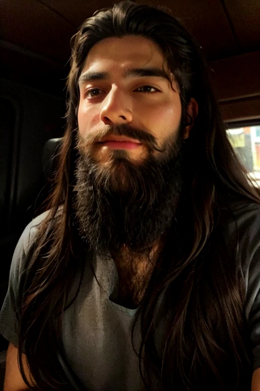 Chica con piel clara y mejillas sonrojadas, long dark brown curly hair, dark eyes and thick eyebrows and eyelashes, abrazando a un hombre adulto alto, with long hair and beard wearing a white robe 