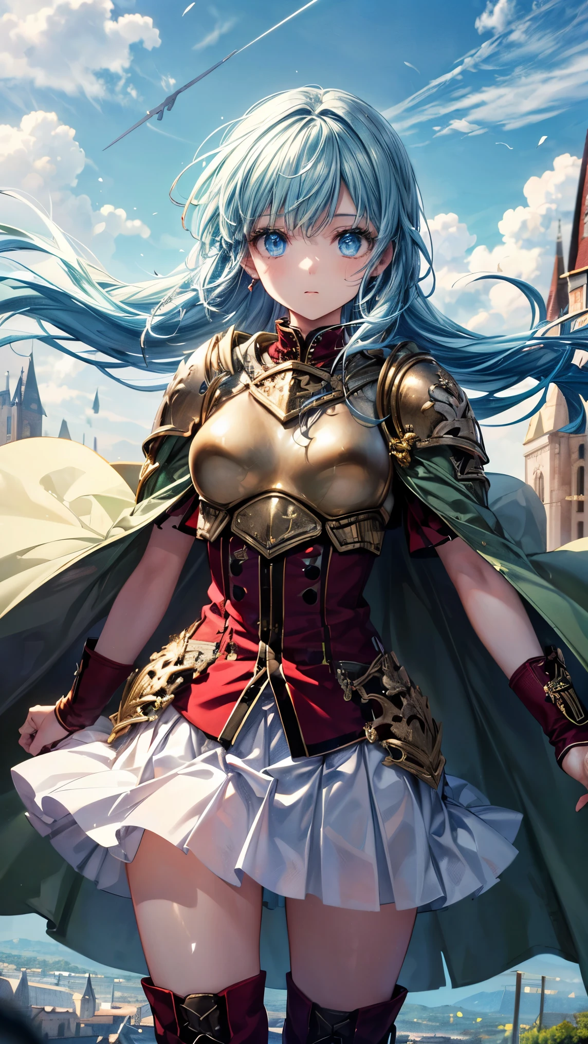def_eirika,((masterpiece:1.5)),((Ultra High Definition:1.2)),very well detailed, Super fine,16K quality, ((detail face )),very well detailed顔と瞳,Double eyelids,She has beautiful eyelashes,natural makeup,very cute face,Highly elaborate digital animation art,((perfect limb that wraps around the body,Anatomically Extremely Accurate )), ((armor,sword,Very large cloak,White Micro Mini Skirt,knee-high boots)),((wind_effect:1.5)),cowboy shot, castle background,natural light,professional lighting