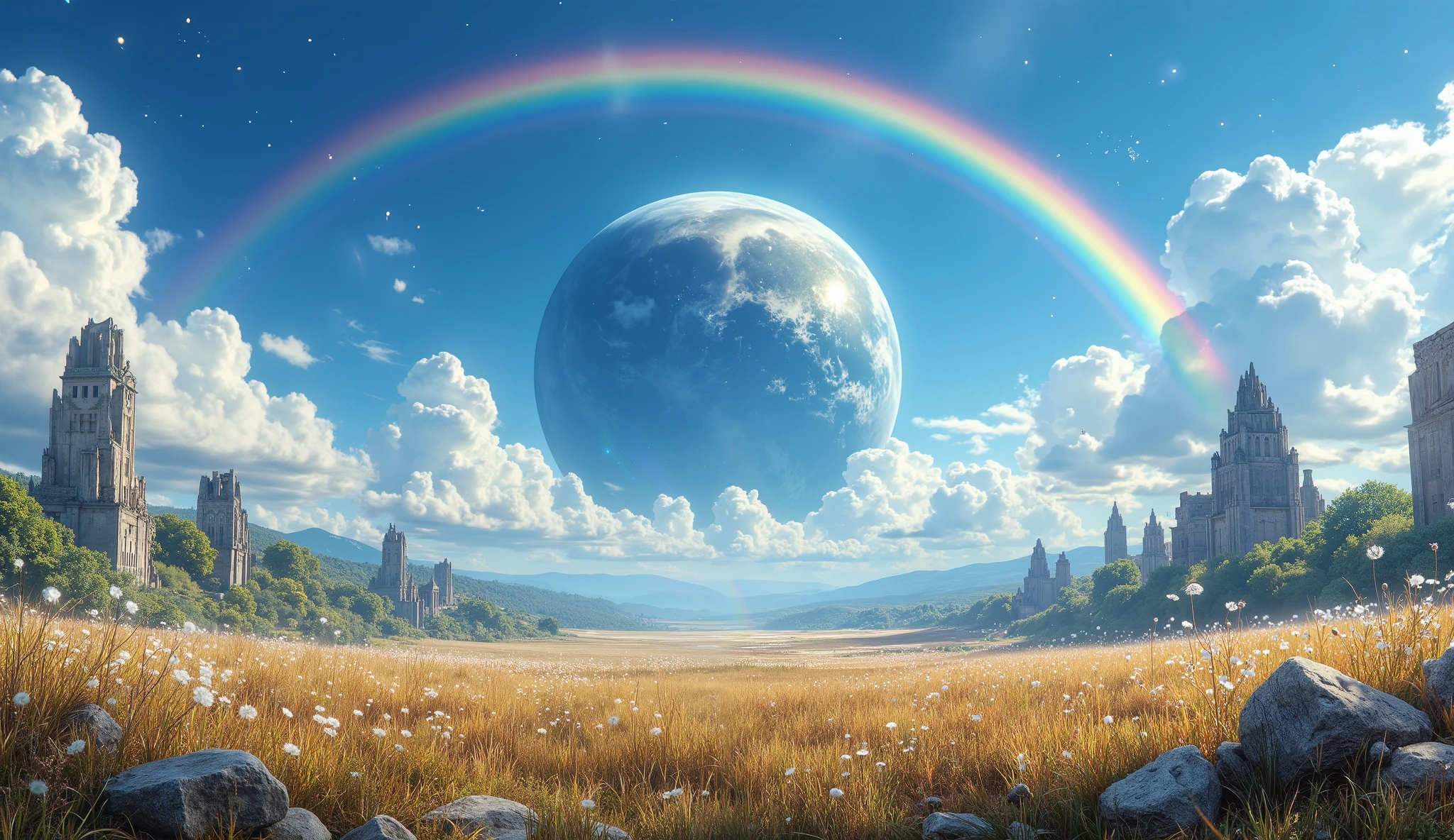 (( Astonishingly )),(masterpiece:1.2),超High Resolution, Atención al detalle, High Quality, High Resolution, 最High Quality, 4k, 8K、 very beautiful、landscape、landscape画、Infinite blue sky、A rainbow appears、There are a lot of ruins there 、dandelion fluff flying,rainbow、 large planet in the sky