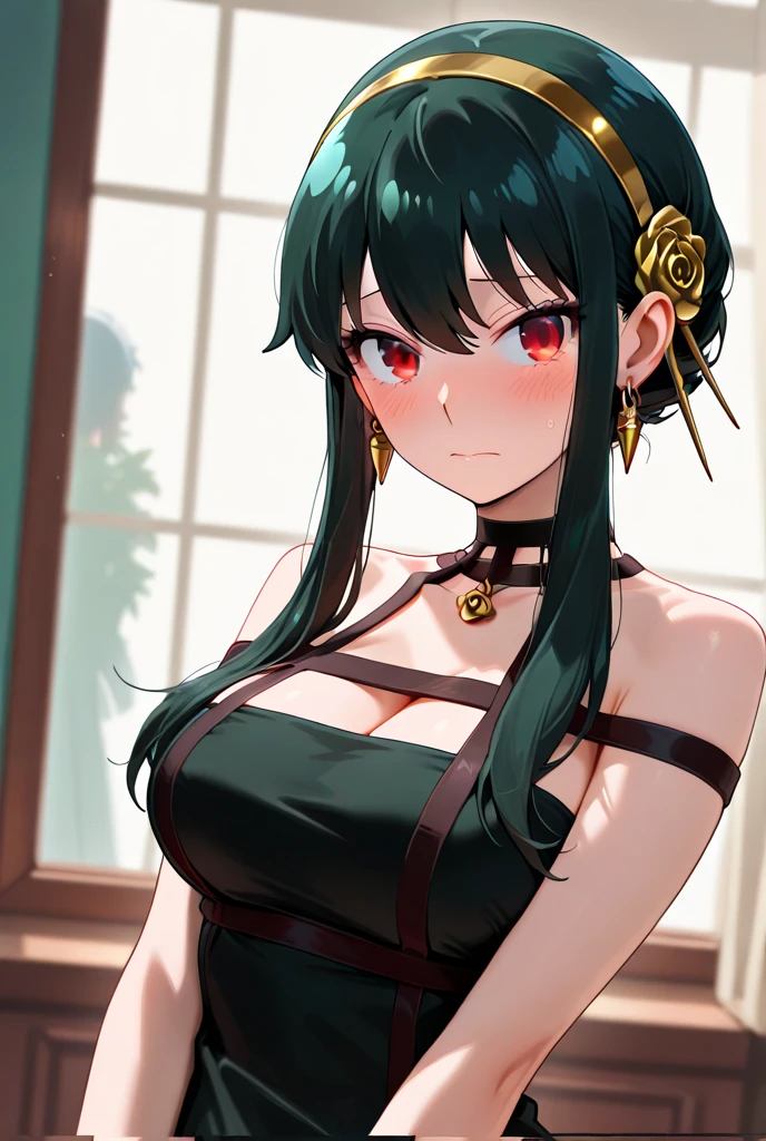 (asura art style:0.7), score_9, score_8_up, score_7_up, score_6_up, uncensored, yor briar, black hair, sidelock, white hairband, red eyes, BREAK (masterpiece:1.2), best quality, high resolution, (detailed eyes:1.3), perfect lighting, (perfect hands, perfect anatomy), large breasts, One beautiful woman, kimono, bare shoulder, obi, Sitting, facing viewer, tori, blossoms, autumn, fog, hand support,