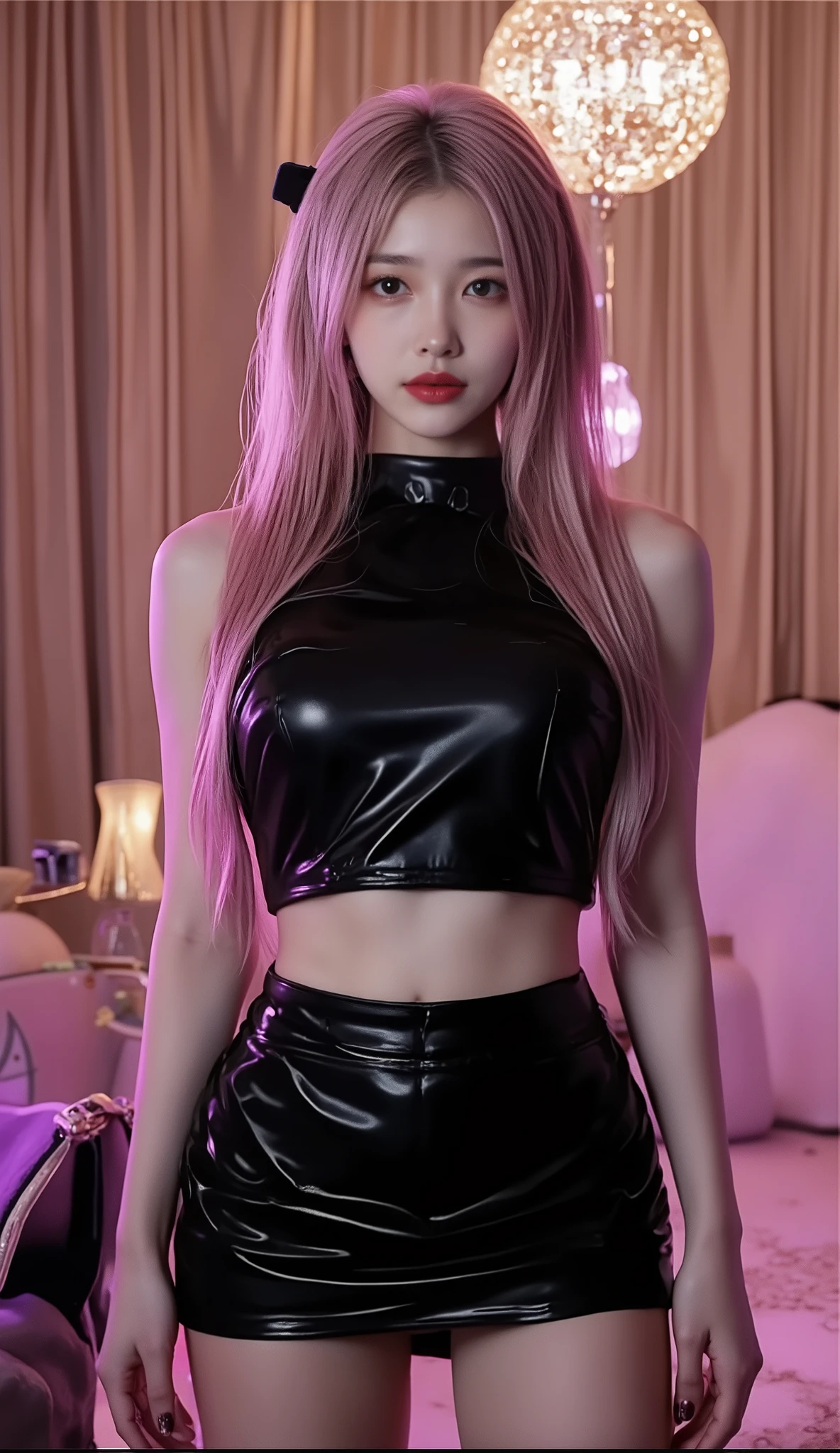 ((depicts a Korean pop idol girl。),(full body shot with mahiru),((99 cm G cup big breasts)),(Disco Queen),((mirror ball,Glamorous Disco Hall)),((High Neck Sleeveless,Expose your belly,tight mini skirt)),(Light Illuminates You),(smile),(beautiful Korean idol makeup,beautiful lips,dark eyeshadow,long lashes),shiny skin staring at the camera, Show view , beautiful hair, Pure Eyes , (Super Long Straight Hair,Beautiful hair with pink color),(8k, Highest Quality , masterpiece:1.2, very detailed on trends),( anatomically correct, Ultra Detailed Skin ,Refers to 5 books )