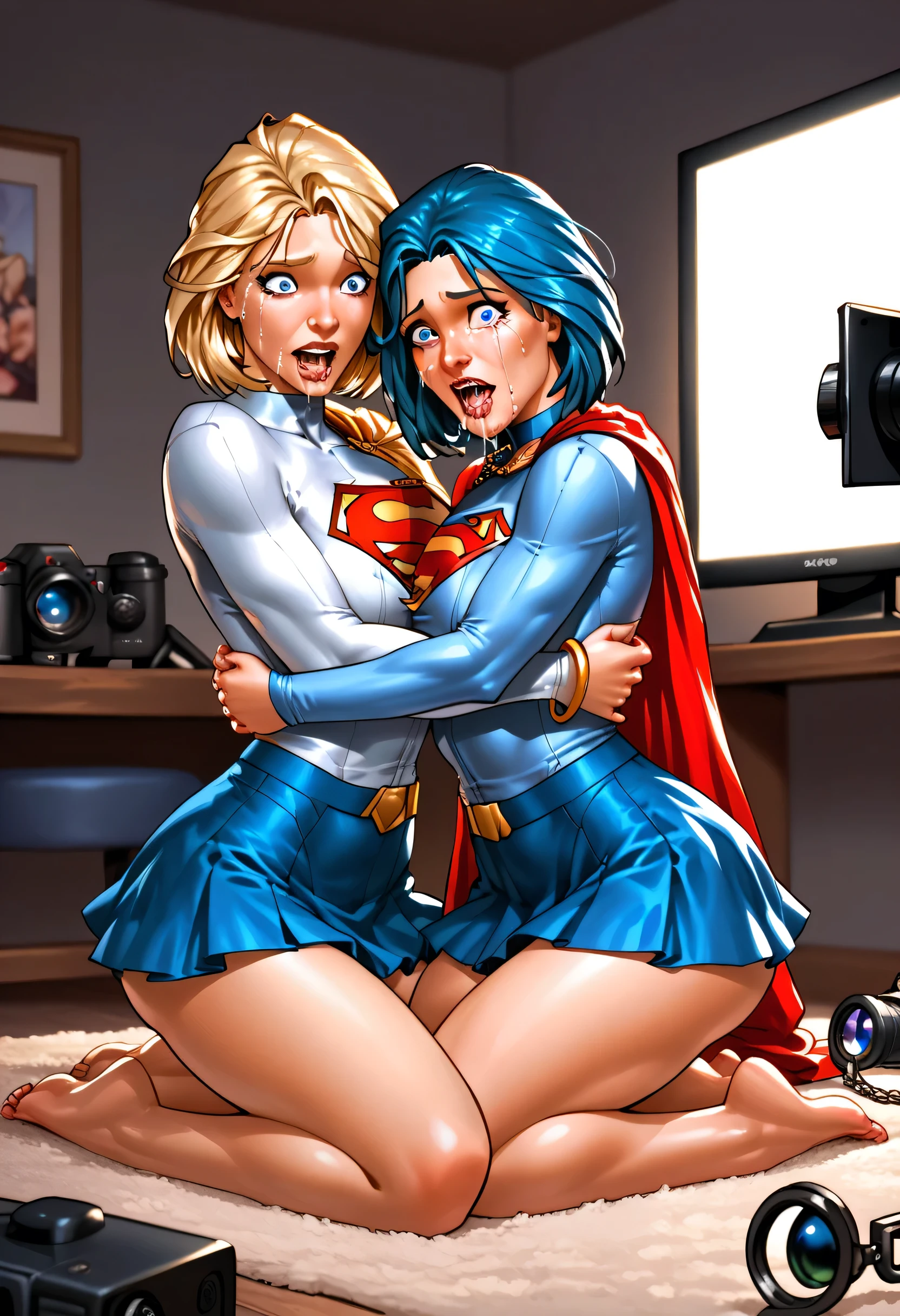 obra-prima, best quality, 2 s, Two plus-size women in Supergirl and Powergirl uniforms, in a television studio,  cameras filming. beijo, hug, (On the wall ), (suor:1.2), par, (corar), (trace of saliva), big ass, De lado, unbuttoned blouse, skirt raised, meias altas, ligas, Salto alto, prominent nipple. Kneeling lightly, shocked expression, crying a lot, handcuffs on feet ,  handcuffs on hands,  neck collar. 