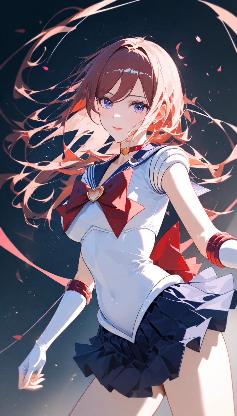 (high quality, 8k, 4k, high contrast, masterpiece:1.2, best quality, best aesthetics), (dynamic angle), Super detailed, ((fantasy:1.2, Light Effects)), Depth of the bounds written, HDR, very detailed, space background, high detail, Sun reflecting the moon, sailor suit, (See-through:1.3), sailor dress, red theme, looking at the viewer, Insanity, messy long hair, detailed and beautiful eyes, hair shines, elevation angle, red sailor collar, light smile,