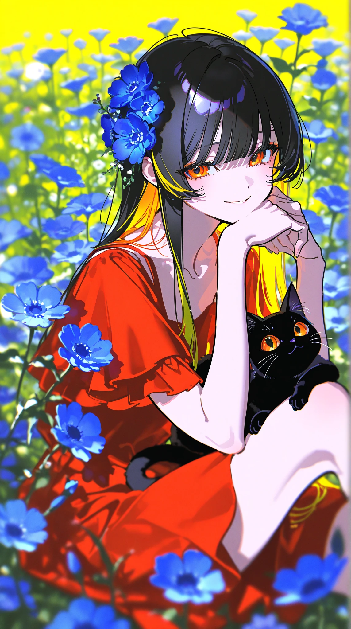 Adjusting lines and colors, pale pencil and ink illustration, woman sleeping with cat, carp swimming in the background, anime-style illustration