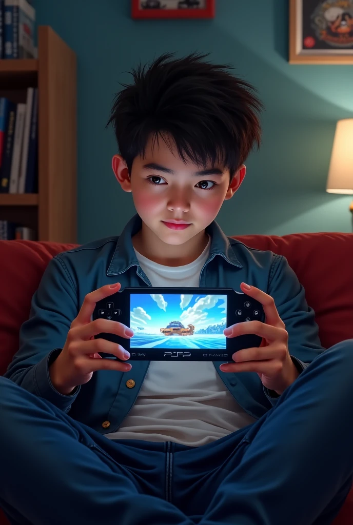 Christmas theme。Happy little boy receiving a game console as a Christmas gift。