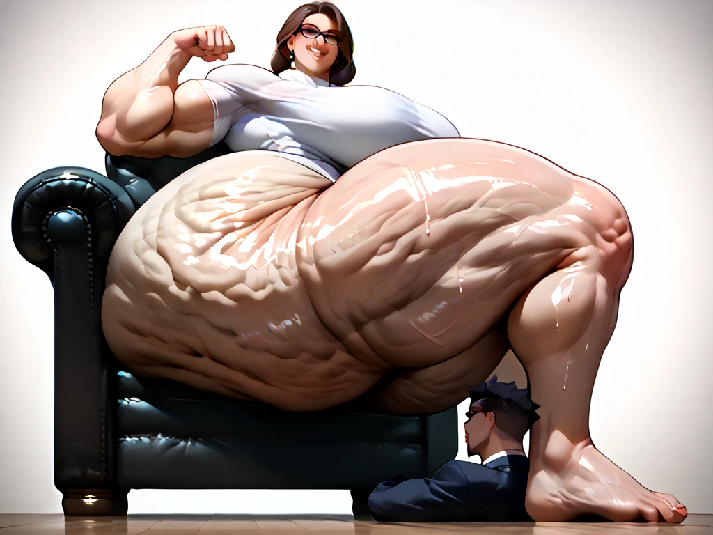 ((white bunny woman with huge thick long penis)), (small tits), massive ass, gigantic ass, big thick hips, small waist, thick muscular thighs, thin arms, curvy body, blue eyes, tied brown hair , seductive look, visible areolas, sweating, , saggy balls, ((cock bigger than body)), thick cock, gigantic cock, ((ridiculously thick and wide cock)), ((thick cock)), Gray background, lying on her side on a sofa, legs spread, leaning forward