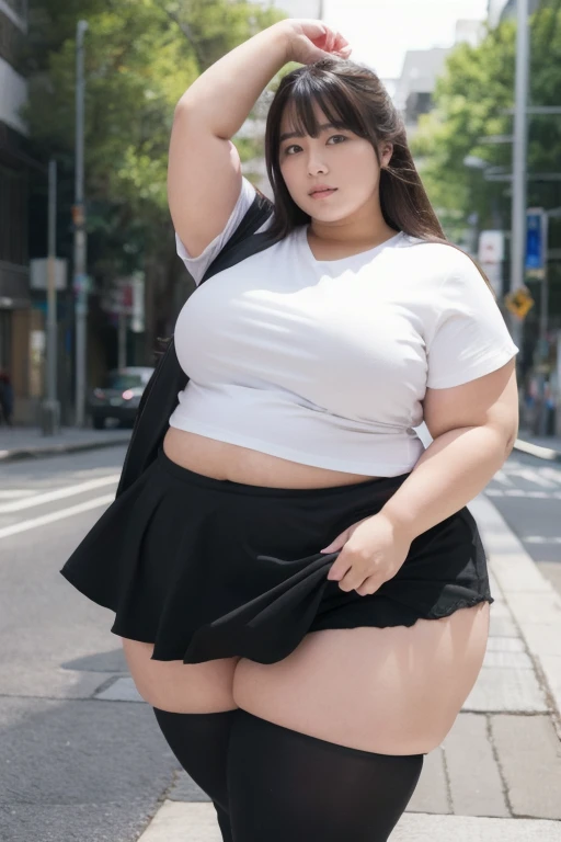 best quality, masterpiece, Weight 120 kg, extreme obesity, severe abdominal obesity, severe visceral obesity, Belly fat is prominent, severe abdominal obesity, mini skirt, high heel, ssbbw