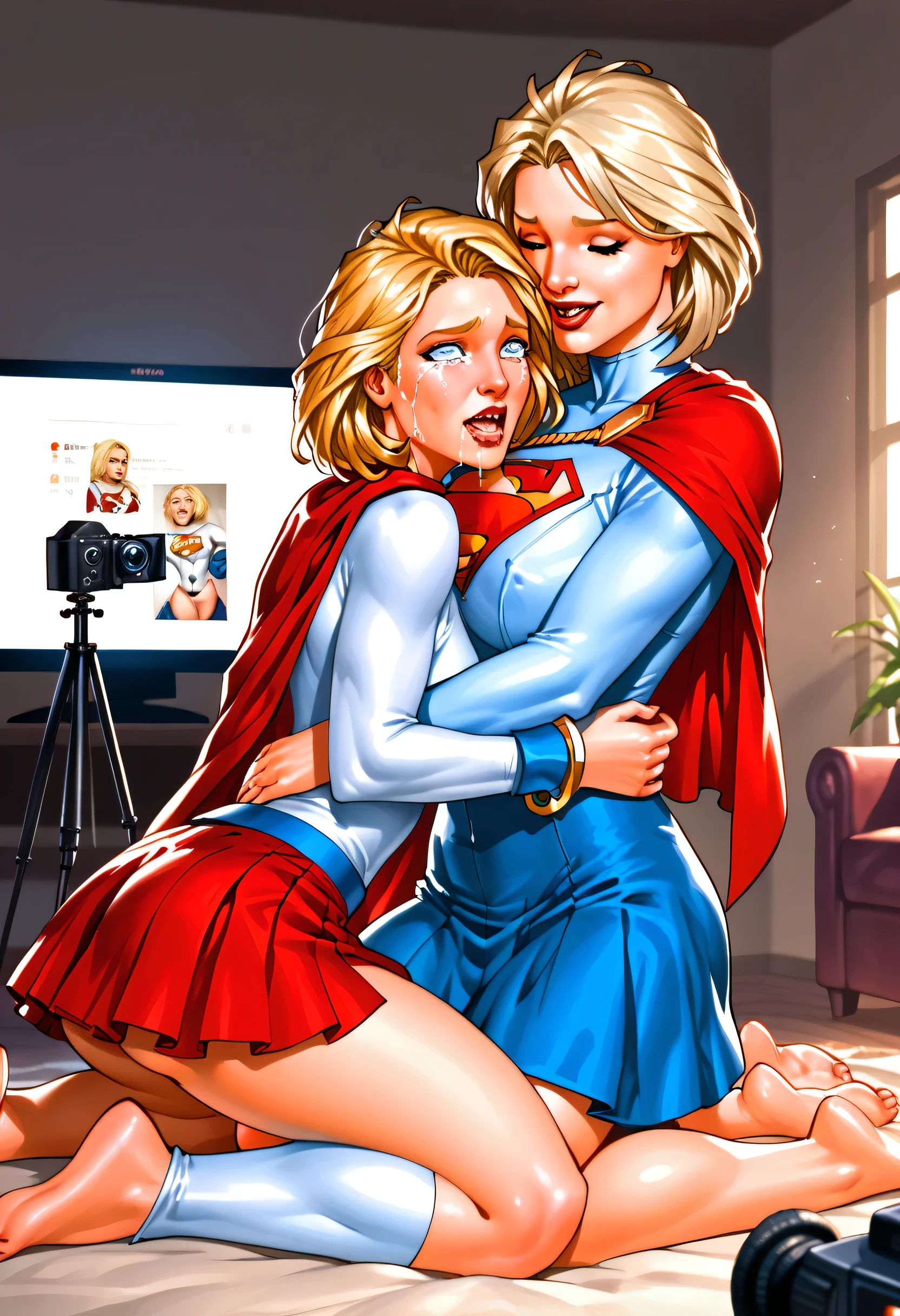 obra-prima, best quality, 2 s, Two plus-size women in Supergirl and Powergirl uniforms, in a television studio, cameras filming. beijo, hug, (On the wall ), (suor:1.2), par, (corar), (trace of saliva), big ass, De lado, unbuttoned blouse, skirt raised, meias altas, ligas, Salto alto, prominent nipple. Kneeling lightly, expression of sadness, crying a lot, handcuffs on feet , handcuffs on hands, neck collar.