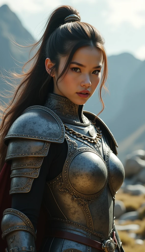 8k,A female adventurer from another world,so beautiful(Like the real thing),Adult woman in leather armor,((Brown double hair bun:1.4))、blue eyes,Carrying long objects, Large sword,Brown combat trousers,Dagger on hip,Walking in mountainous areas,Perfect Face,Perfect hand shape,charm,Volume measurement,Body balance,超High resolution,super Realistic skin,Digital single-lens reflex camera, Soft lighting, high quality, Highly detailed face, Highly detailed eyes, highly detailed skin, skin, Scattered beneath the surface of the water, Highly detailed face, Highly detailed eyes, Beautiful expression, lip, Detailed Background, Written boundary depth, Small breasts、Volumetric lighting, Sharp focus, Absurd, Realistic proportions, Excellent anatomy, (Realistic, 超Realistic:1.4), 16k hdr, dawn,Big Breasts,High resolution,super Realistic skin,super Beautiful expression,Fantasy art,Character Art,Dynamic pose,Compensate,Brown cloak,Carrying large luggage on your back,