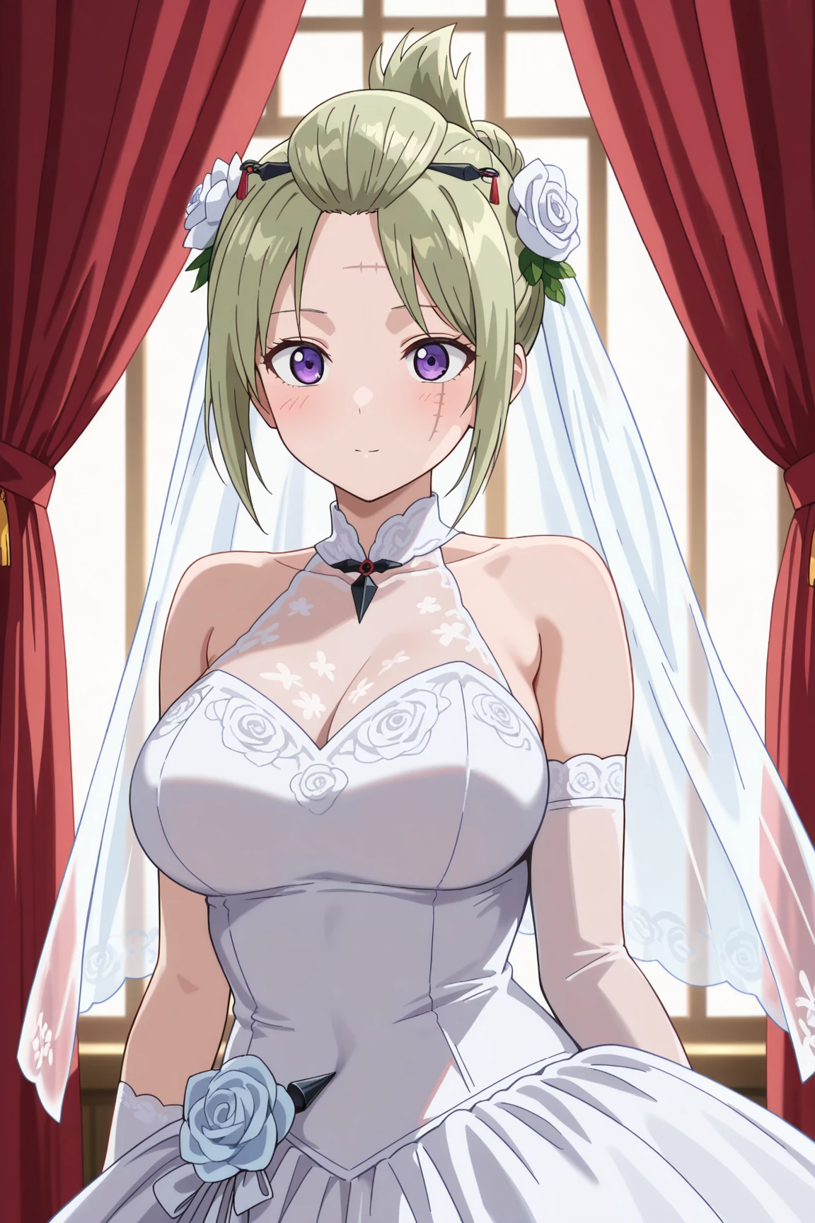best quality,cityhunt3er, ponytail, Gurwitz, pillory, Head flail, hand flail, flail,(bridal veil:1.5), (short sheer veil:1.5) Blushing face, Head flower,headgear, (tube top wedding dress:1.5),(Silk dress:1.2),(Strapless wedding dress:1.5),Bouquet,pure white dress,necklace,earrings,(large breasts:1.3),Deep V peach heart collar wedding dress,Bangs,lipstick,(lace gloves:1.3) ,Bust photo, High detail RAW color art, Tyndall phenomenon