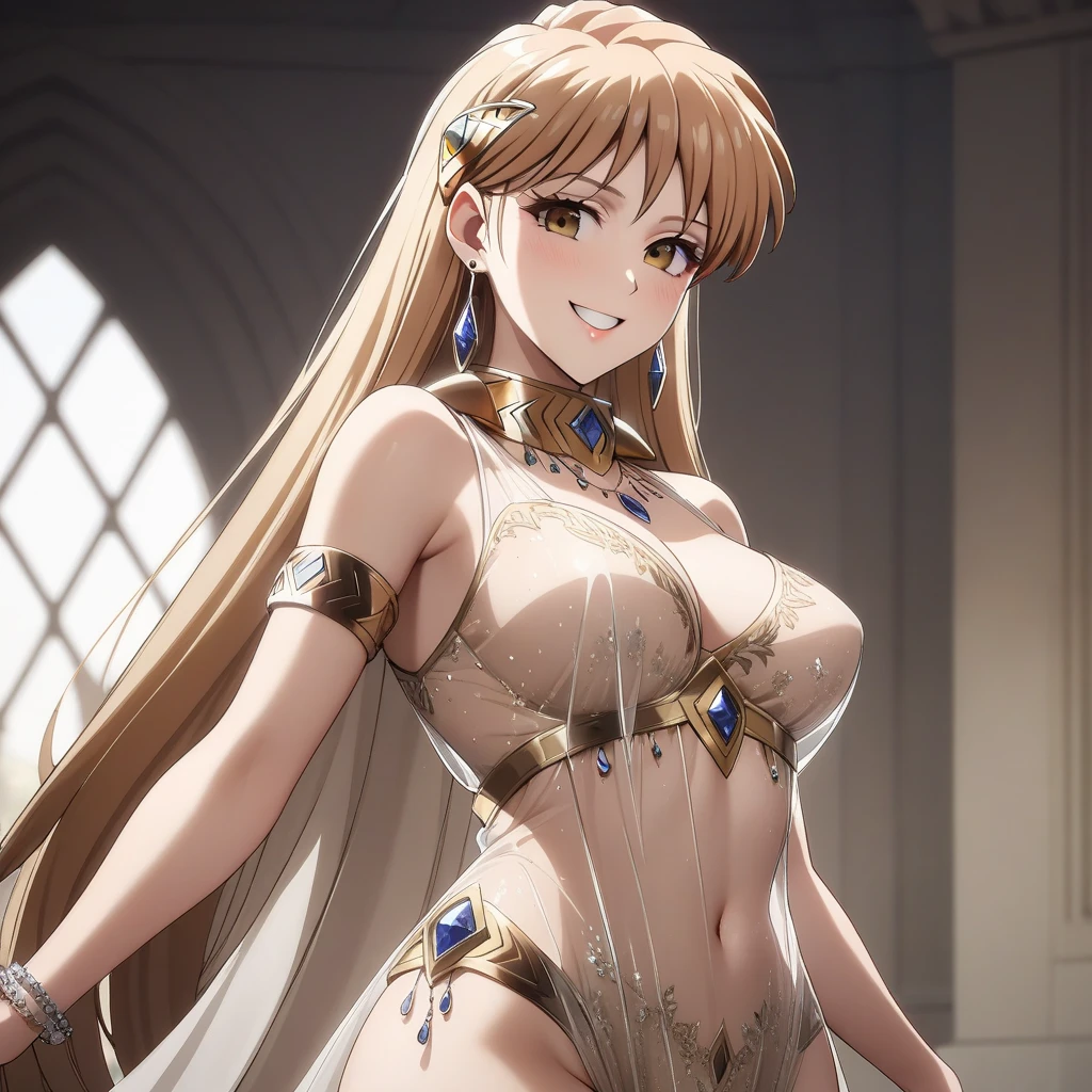 ((Highest quality)), ((masterpiece)), (detailed), （Perfect Face）、The woman is Maya Cordelia, with semi-long orange hair, wearing a completely transparent outfit adorned with luxurious golden embroidery and edging, a transparent cape, and luxurious accessories.、The woman is not wearing a bra、The woman is not wearing underwear