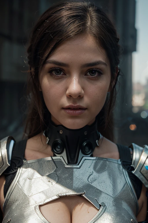 medium shot photo of sexy female cyborg wearing scratched and tarnished futuristic armor in a destroyed futuristic city, fantasy, sci-fi, beautiful feminine face, seductive, sexual, mist, vivid alluring eyes, dramatic, best quality masterpiece, photorealistic, detailed, 8k, HDR, shallow depth of field, cinematic lighting, bloom, light sparkles, chromatic aberration, sharp focus