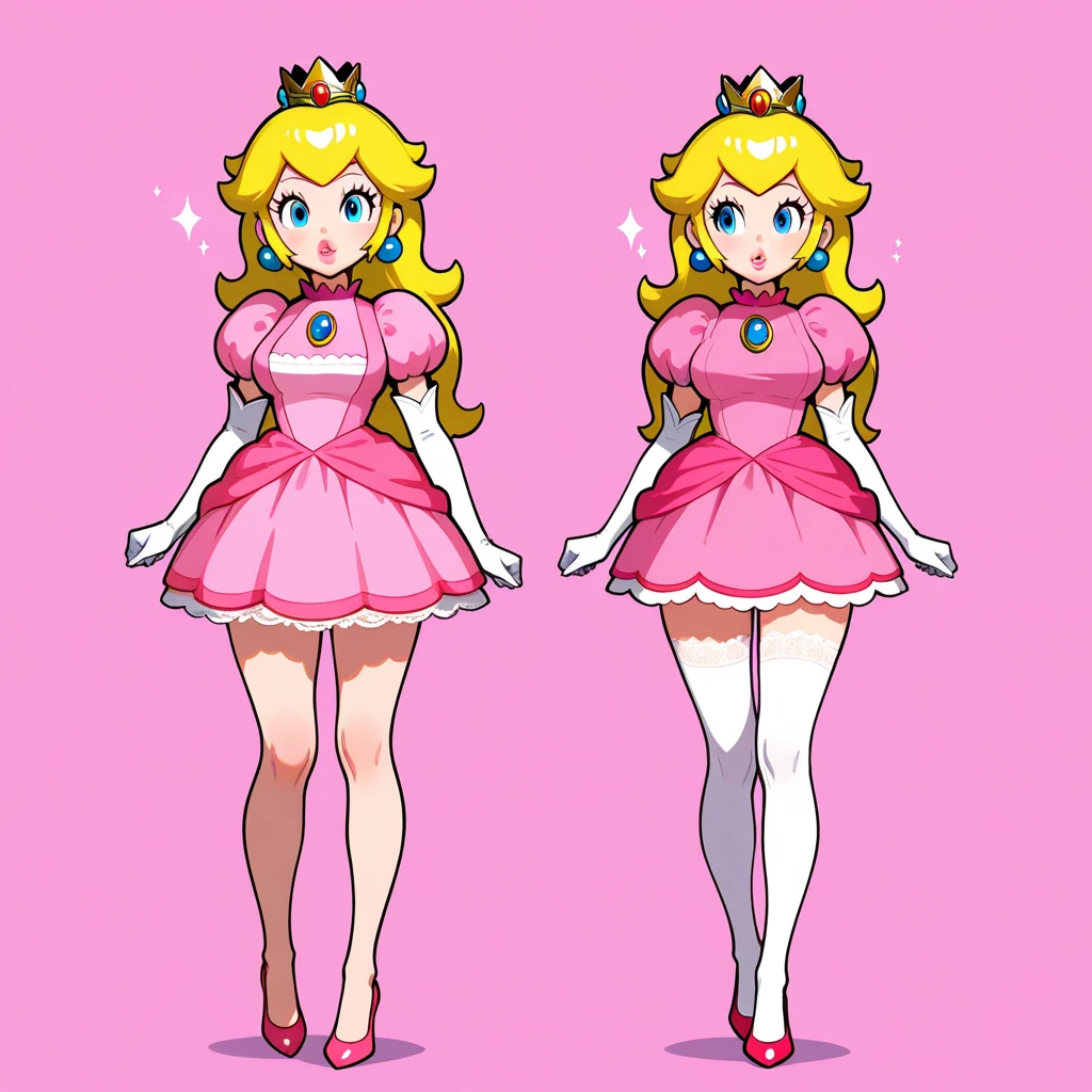 (best quality, masterpiece),
(princess peach), simple background, multiple view, side by side, full body, Sexy pink dress, model pose, shoes, Cleavage, face view, ass view (solid outline:1.2),