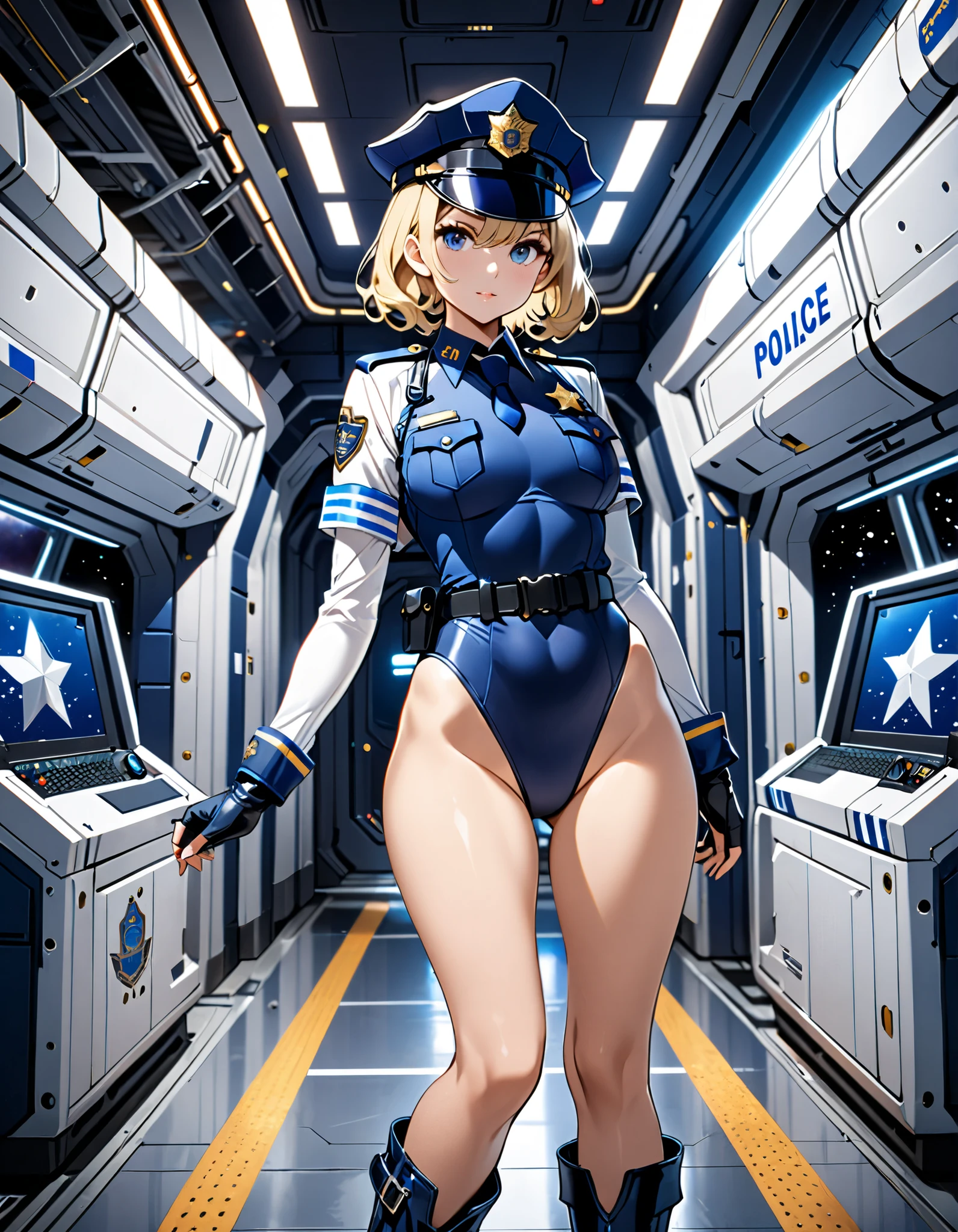 1girl, solo, masterpiece, best quality, police uniform, leotard, bare legs 