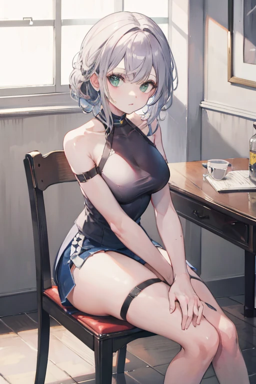 young girl, short gray hair, hair in a bun, red-eyes, smirk, grey chinese dress, translucent, fan, smirk, Sits, Masterpiece, hiquality