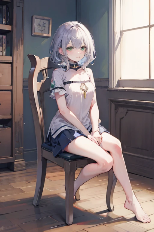 1-girl,masterpiece,best quality,blue eyes,(Minamiuri),solo, ((((flat chest)))),full body,((silver short hair)),loli girl,8k,((kawaii)),good hands,((good fingers)),table humping