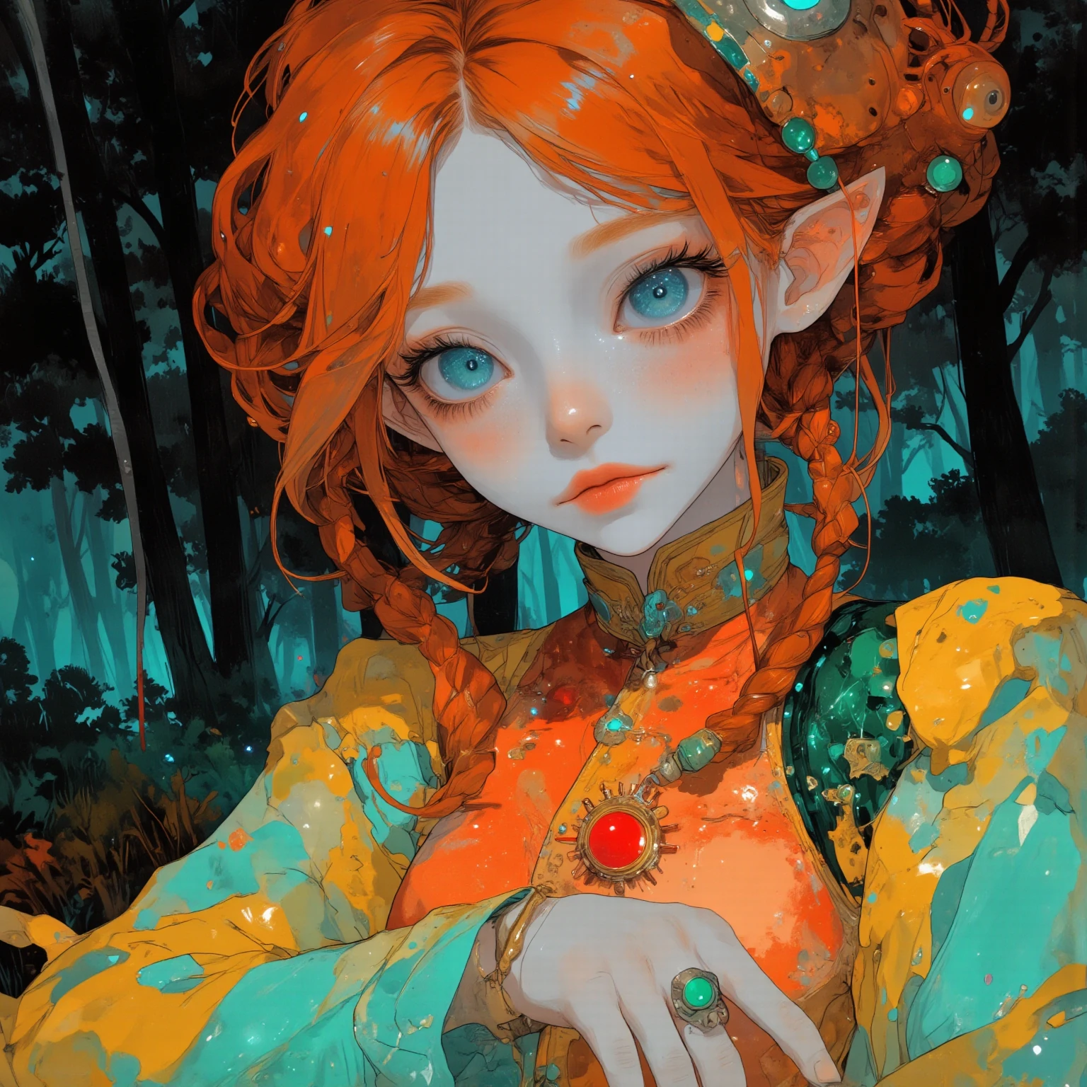 鮮やかなgreenい瞳の女性が描かれた精緻なイラスト,Her hair is bright orange-red,has multiple braids、Each one is yellow、green、green、and red threads are intertwined,The braids come together and are connected to a red sun-like decoration in the center, her expression is gentle ,Her lips are slightly open and make you feel curious and thoughtful,彼女はタコの触手を思わせる華やかな渦巻き模Mr.の太い輪郭と円形のアクセントで装飾された奇妙なドレスを着ています,The background creates a fantastic and dreamy atmosphere in a deep forest,Mr.々な種類のgreenの森,emerald jewels shine on both her hands,with careful attention to detail,fantasy and elegance are mixed,暖色系と暗い森林のgreenきらめく背景が美しく対比, anime moe art style, Cute Core, cute art style,  cute anime , Official Artwork, evokes a sense of magic and wonder,Dreamy psychedelic anime, Anime Art Nouveau, space display , animated film, Mysterious still images