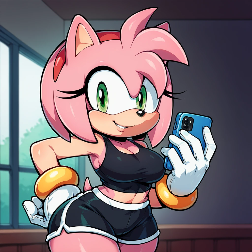 score_9, score_8_up, 2D, flat color, looking at viewer, (1girl), (solo), very detailed, extremely detailed, Amy Rose from the sonic the hedgehog series, portrait, smile, looking at viewers, hair down, hair bangs, large bust, milf, Rouge cosplay, cosplay, Rouge outfit, she wears a black skin-tight and strapless low-cut jumpsuit, a pink heart-shaped chest plate outlined with thin white trim, elbow-length white gloves with pink cuffs, standing at the city taking a selfie on her right hand forward.