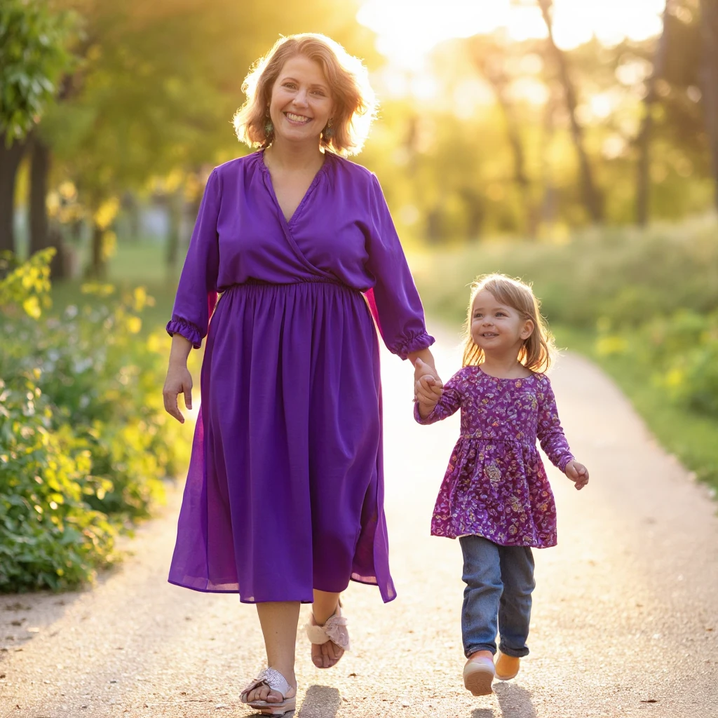 Mature woman, redhead, tall, long curly hair, brown eyes, wide nose, thin lips, jeans with the hem rolled up, white sneakers, loose white shirt holding hands with a 7 year old girl, Caucasian, thin, dark hair long straight flowing hair, big brown eyes with long eyelashes, wearing a children's floral dress, red ballet flats walking in a lavender field in Tuscany Italy at sunset with a vineyard in the background with cypress trees