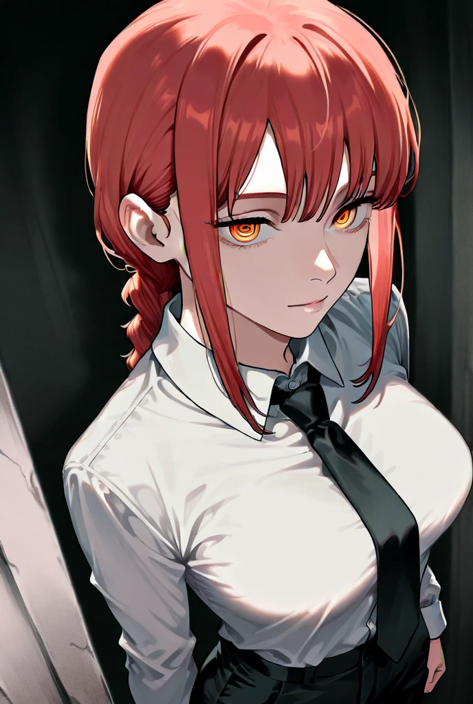 makima\(chainsawman\), best quality, ultra detailed, 1girl, solo, standing, red hair, long braided hair, golden eyes, bangs, medium breasts, white shirt, necktie, stay, smile, (evil:1.2), watch looking at the audience, (interview: 1.3), (dark background, chains: 1.3)