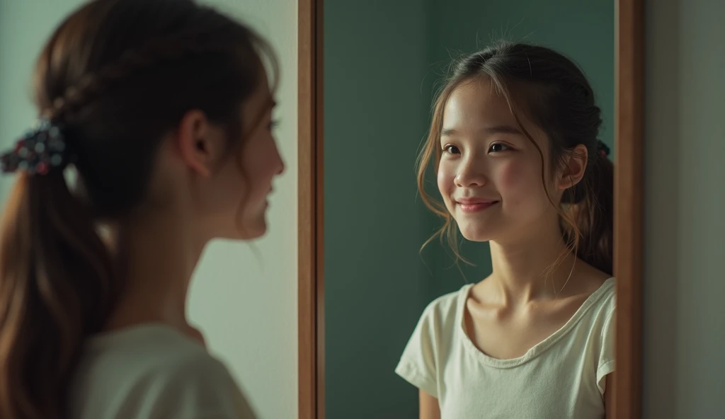 Captivating visual moments,A teenager around 10 years old wearing a Chinese school uniform evokes emotion and fulfillment in front of a mirror, Detailed images of people and reflections in mirrors, Not a teenager in the mirror,It's the boy's dad, The central element of the visual effect should be clear, Well located mirror, Environment -- A quiet and well-lit room, Lightning spread --auto --s2