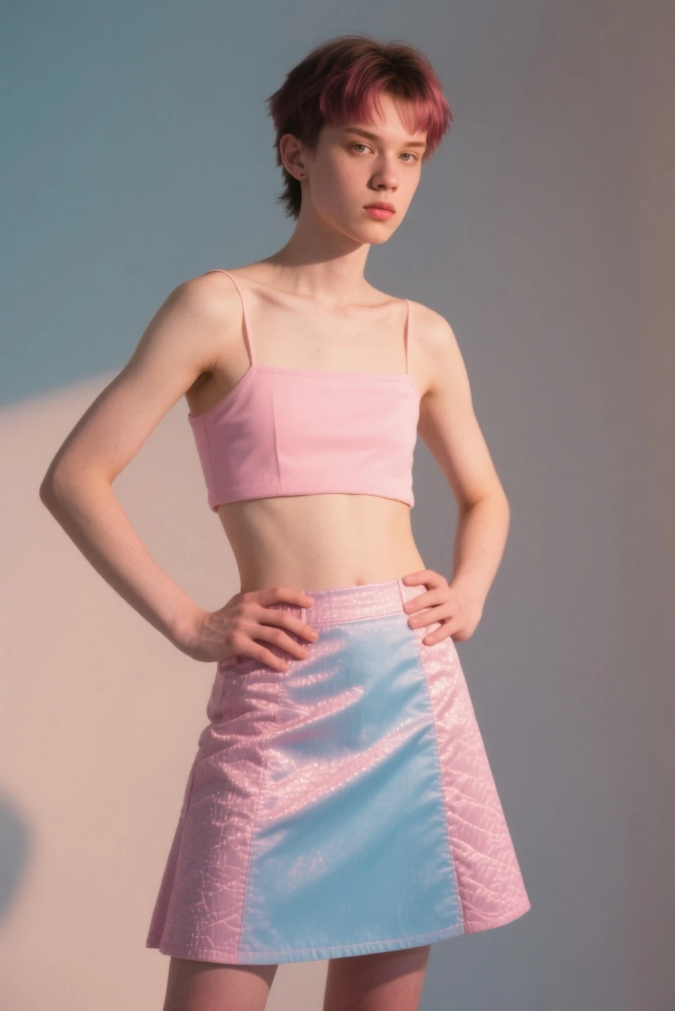 full body, backlighting, 16 y.o. pale girl,very long legs, very pale skin full of freckles, very bulging eyes, very big round glasses, ginger hair two ponytails, braless, nobra,very very very thin legs and very very very thin arms,backlighting, very thin face, bulging eyes, pale white skin, very freckled, very thin, very very large puffy ears, big long nose,flat stomach, very thin and very long legs , from below, 2 girls in a photo session in a photo studio,((very very anorexic girls)),((mejor calidad)), ((Obra maestra)), (detallado), ((fulbody)),14 and 15 year old girls in a photo session in a photo studio, very very very thin legs and very very very thin arms, (((very anorexic girls))),. ((full body)), ((plain background transparent varios colours)), 85mm, (analog, cinematic, film grain:1.3), detailed eyes, painted lips, necklace, (epicPhoto), ginger hair,skirt((open on the sides)),curly hair with 2 pigtail, ((short skirt,gym tank-top)), big round black glasses,