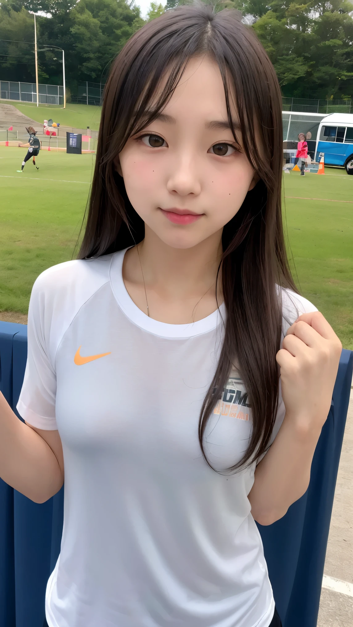 pieces fly、masterpiece、highest quality、Super detailed、High resolution、High resolution、8K portrait、unity 8k wallpaper、Detailed CG、unity 8k wallpaper、Detailed CGユニティ8kの壁紙、realistic、real person、portrait photography、shiny skin、( 1:2)、(cute:1.4)、High resolution、beautiful clear eyes、very detailed explanation、delicate face、nice lips、thin waist、thin legs、1 girl、(athletics stadium:1.4)、(colorful sleeveless track and field uniform:1.4)、(big breasts:1.3)、(Swelling of the nipples:1.3)、(smile)、(abs:1.3)、(wavy hair)