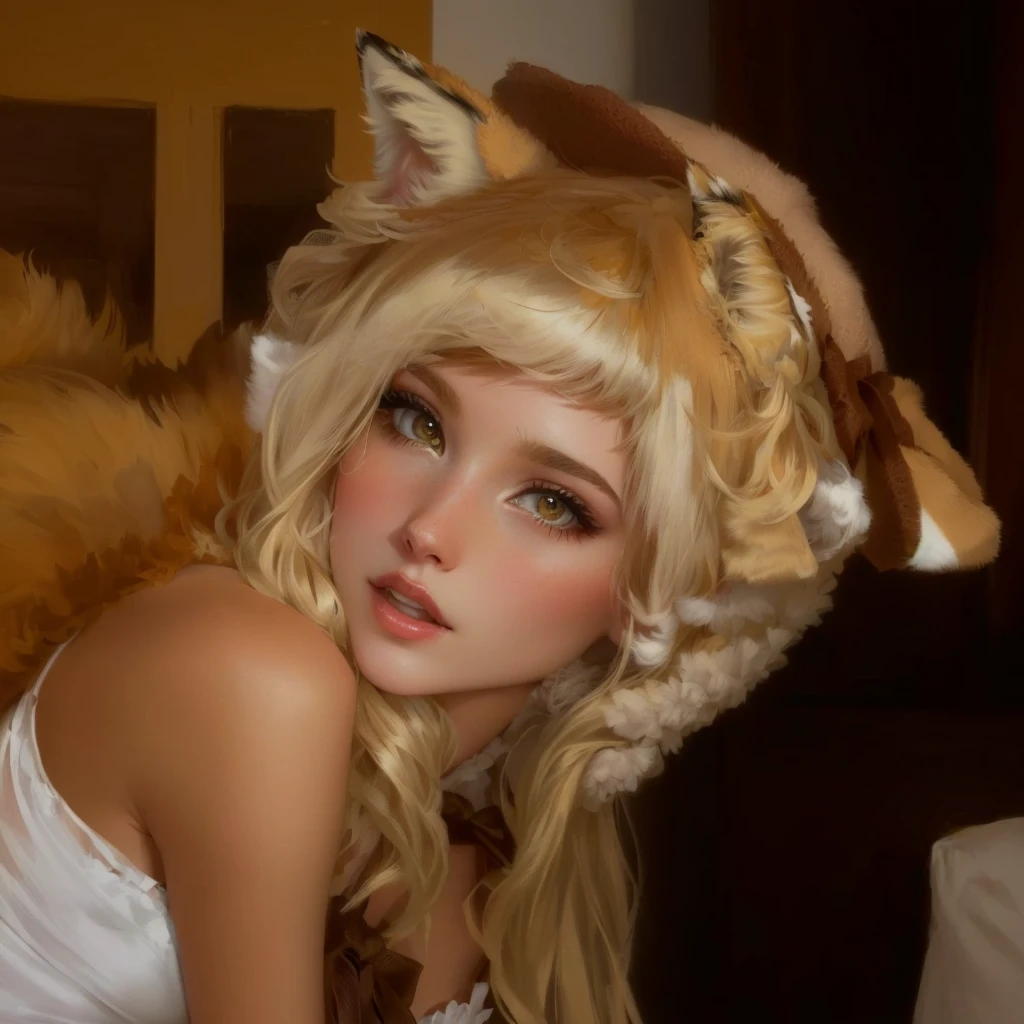 Beautiful 1girl, full body, solo, (very long waist length blonde hair, straight blonde hair: 1.28), ((light blue eyes)), clear skin, (large darker fox ears: 1.45), pale skin, medium breasts, cleavage, (thin hips, thin waist , athletic body: 1.25), background, looking away, pained expression, revealing clothes, (wearing no shirt, no top, naked, no panties, no bottoms, dog coller: 1.5), (sitting on floor, looking up at viewer:1.7), (arms behind head: 1.6), dungeon background, cage bars, 4k textures, soft light, elegant, highly detailed, sharp focus, soothing tones,