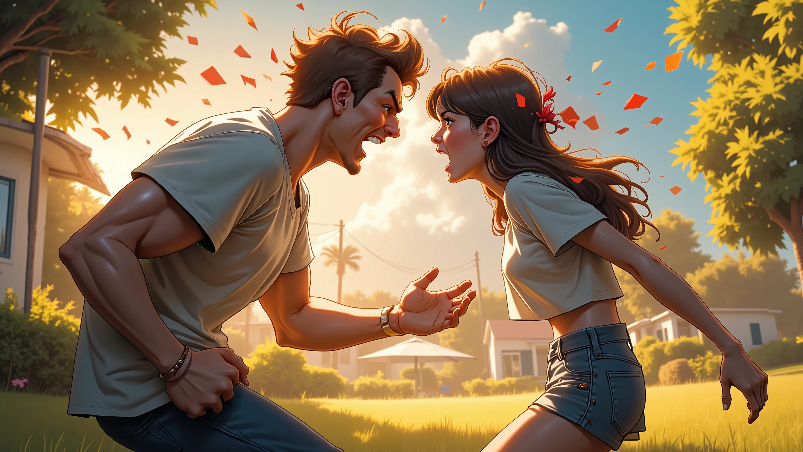 a guy and a 22 year old girl are standing on the lawn, the guy is yelling at the girl in a frenzy. the girl is scared and silently looking at him. the guy with short brown hair is wearing jeans and a t-shirt. the girl with long black hair and bangs is wearing shorts and a short t-shirt. 4k camera. Professional background blur. Chromatic aberration on the edges of the image. make the image as a cartoon comic strip