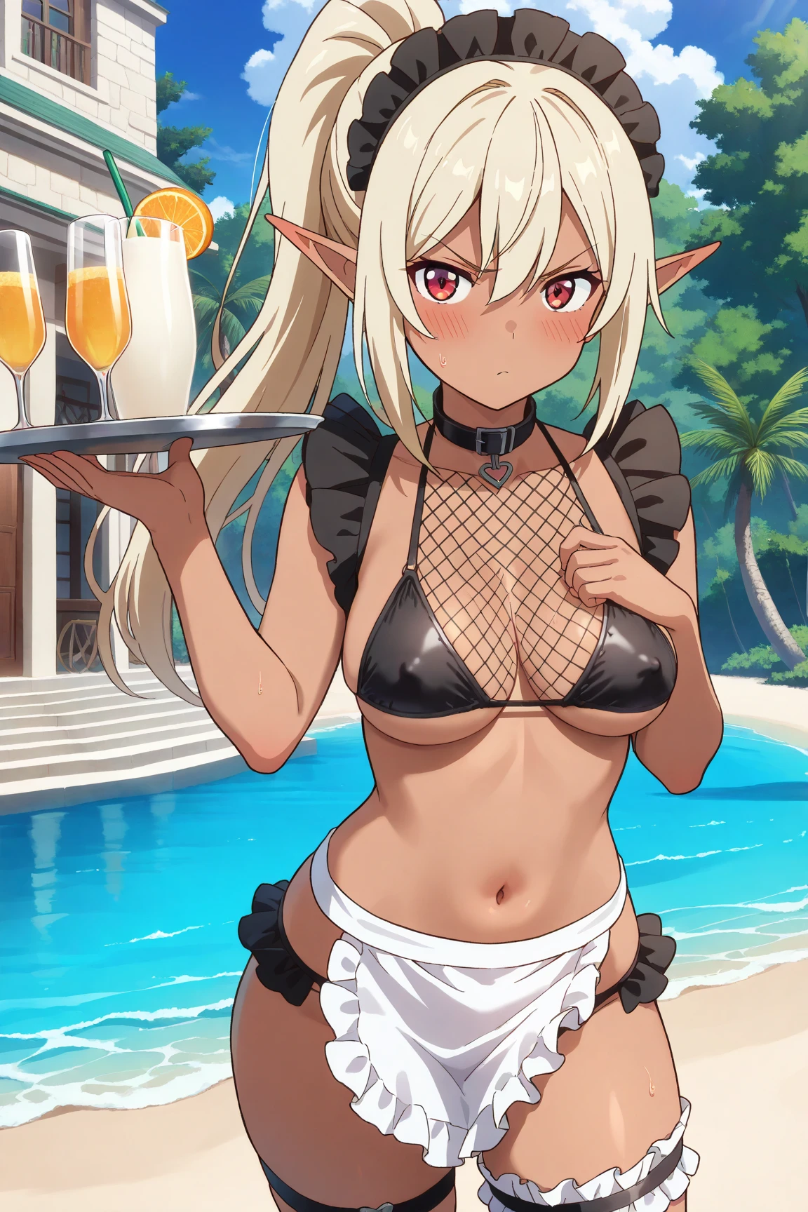 (masterpiece, best quality) detailed,silver accessories , Blonde ,elegant, pointed ears ,Chinese element pattern,White shirt,bikini,pleated skirt,pantyhose, dungeon meshi, marcile, delicious in dungeon