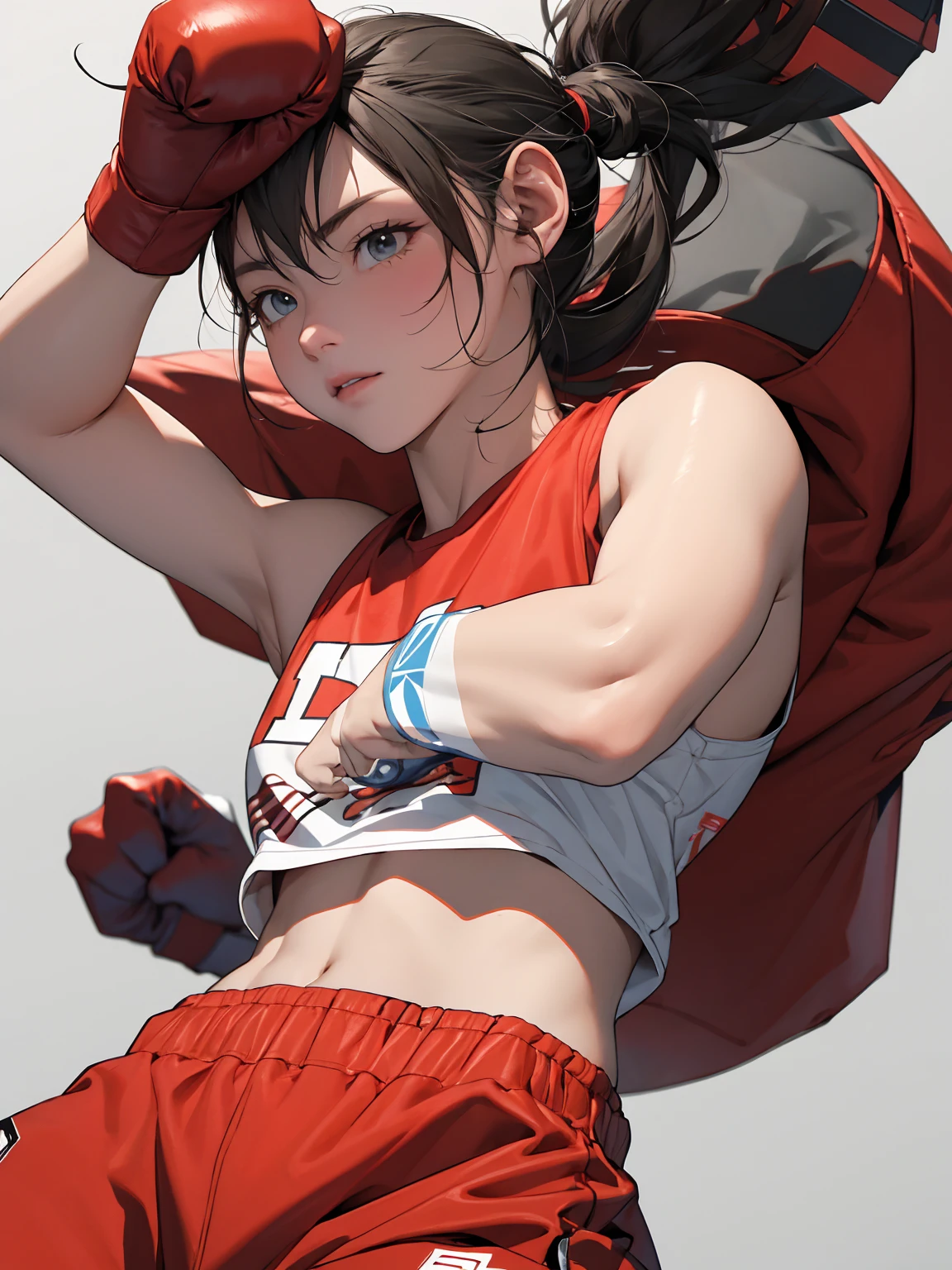 A young and cute Japanese street fighter。My body was slammed against the wall of the alley、He has been punched in the face by his opponents many times.。Short black hair。Sweating a lot。Covered in blood。Crying。One eye closed。shortness of breath。Drooling from the mouth。Sports Bra。Denim shorts。Open Finger Gloves。Erect nipples。