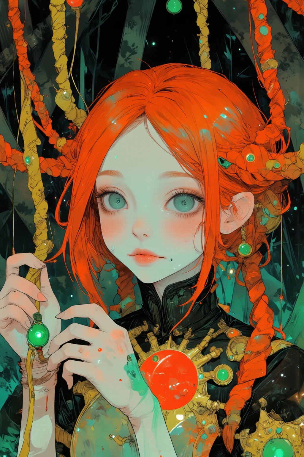 鮮やかなgreenい瞳の女性が描かれた精緻なイラスト,Her hair is bright orange-red,has multiple braids、Each one is yellow、green、green、and red threads are intertwined,The braids come together and are connected to a red sun-like decoration in the center, her expression is gentle ,Her lips are slightly open and make you feel curious and thoughtful,彼女はタコの触手を思わせる華やかな渦巻き模Mr.の太い輪郭と円形のアクセントで装飾された奇妙なドレスを着ています,The background creates a fantastic and dreamy atmosphere in a deep forest,Mr.々な種類のgreenの森,emerald jewels shine on both her hands,with careful attention to detail,fantasy and elegance are mixed,暖色系と暗い森林のgreenきらめく背景が美しく対比, anime moe art style, Cute Core, cute art style,  cute anime , Official Artwork, evokes a sense of magic and wonder,Dreamy psychedelic anime, Anime Art Nouveau, space display , animated film, Mysterious still images