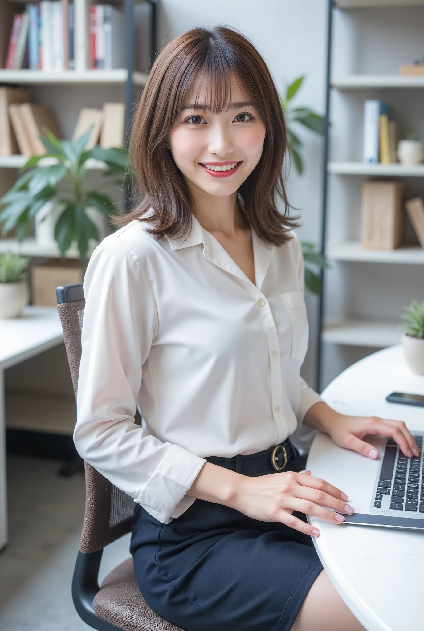 ((8K)、top-quality、​masterpiece、超A high resolution:1.2)Photo Beautiful Japan woman(pleasing:1.1) Elegance、There is a good、Transparent atmosphere、Beautiful face、Gradient lighting、1girl in、Delicate skin、Look into the distance、Brown-eyed、(short hair with bangs:1.2)、(breasts are small:1.0)、(realisitic:1.4)、(top-quality:1.0)、(超A high resolution:1.0)、8K、Raw photography、(​masterpiece:0.2)、(pureerosface）、Polo Neck Bodycon Dress、Plaid、Plaid、Tartan check、Onepiece、Polo shirt style dresses、The shirt、Tight silhouette、want me、Take your eyes off、s Office、There are many computers lined up、Design Office、graphic designer、subject、organize your hairstyle well、Put your ears out、sit a chair、From elbow to elbow with one elbow、Leaning on the desk、Laugh、smil、Aeron Chair、Look back at your upper body