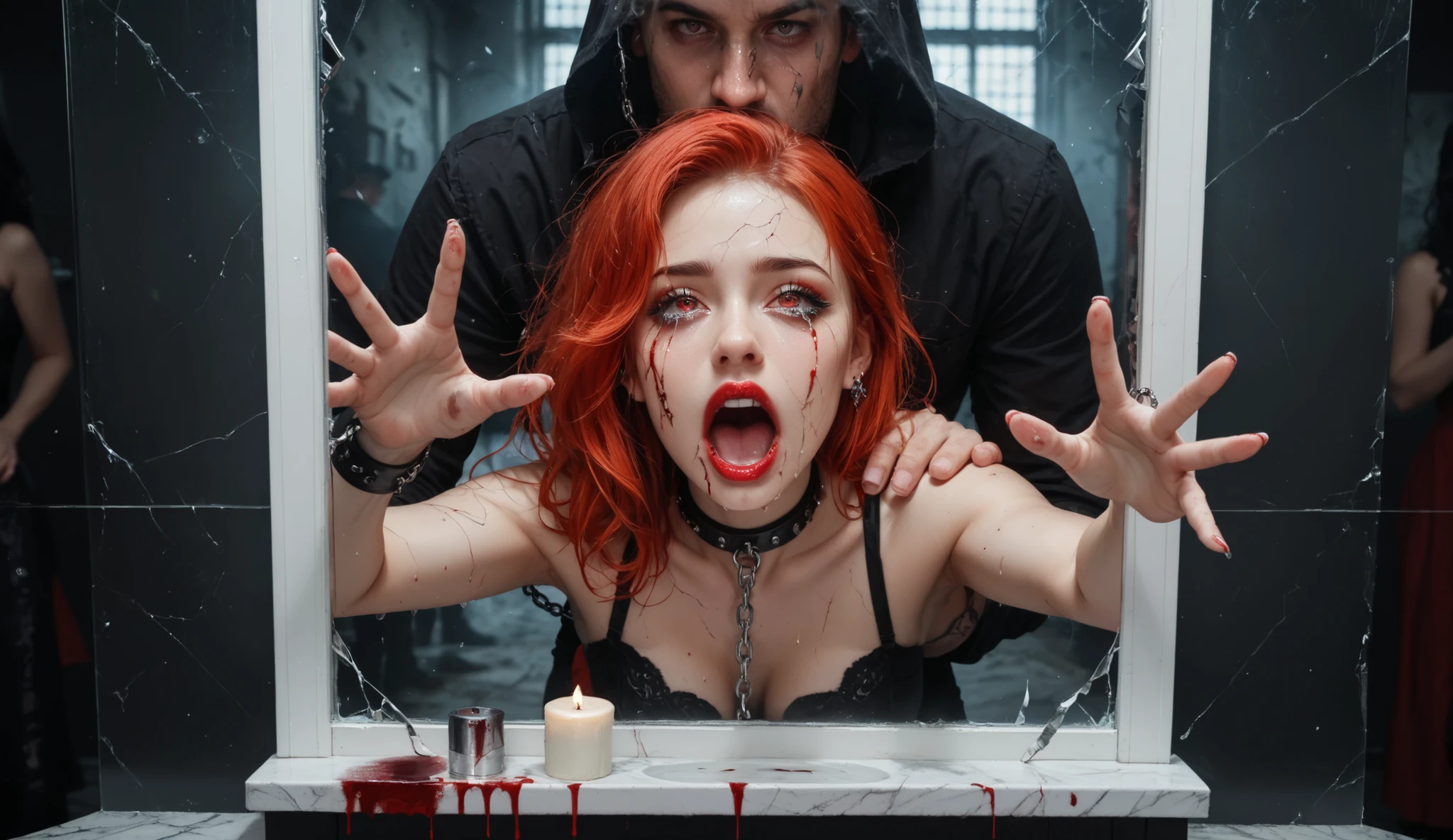 The background in reality is a cozy room with soft light. in the reflection behind her back girl — someone's pale fingers, reaching out to her shoulder, Cracks in the glass separate the two worlds: eyes full of tears, but in the reflection, distorted by suffering. Like the border between reality and nightmare, but in the mirror is a dark abandoned attic with hanging chains and bloody prints on the walls. Her face is really calm, , black smoke flows from her half-open mouth. Style: hyperrealism with Gothic elements is clutched in your hand, cold colors (dark blue , gray, blood-red accents). details: Dark and mysterious reflection in the broken mirror, reaching for her shoulder.