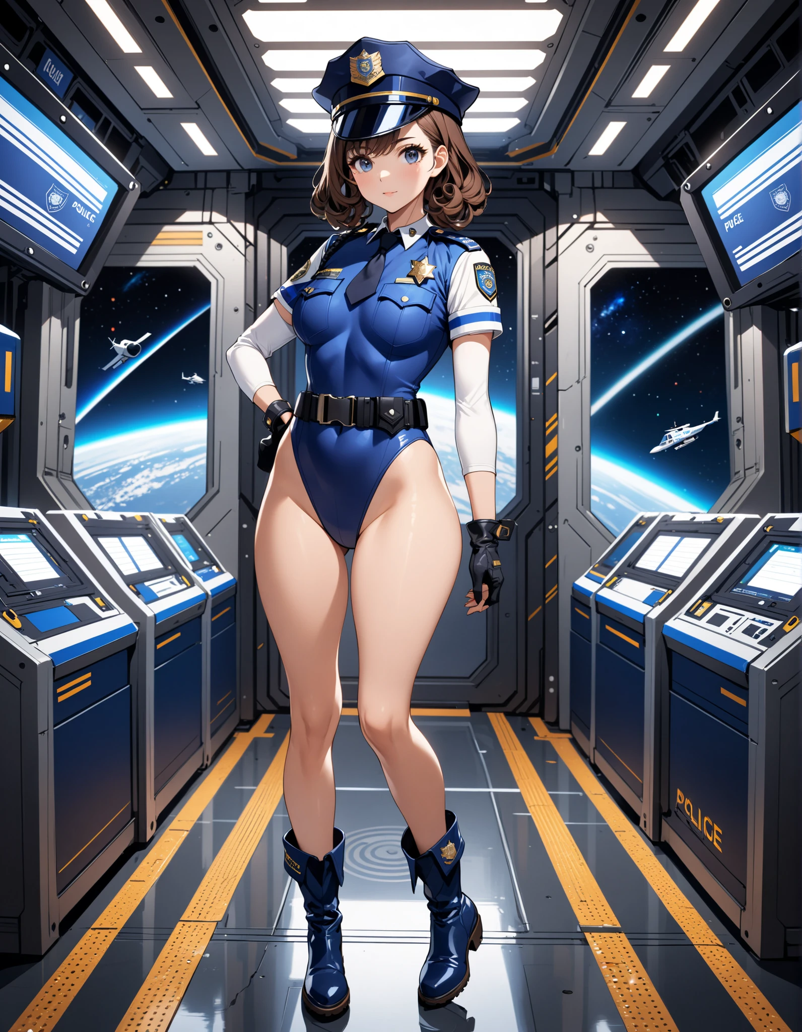 (masterpiece), (best quality), 1girl, pilot, leotard, bare legs, boots, solo, solo focus, sleeveless, hands on hip, standing, full body shot, cowboy shot, beautiful face, detailed eyes, symmetric eyes