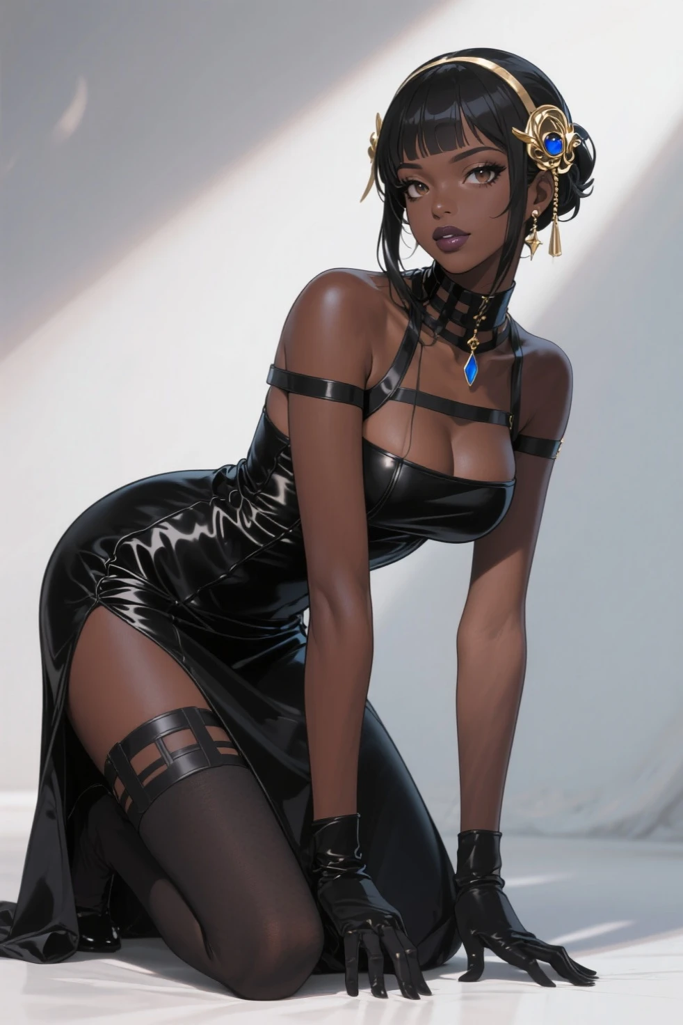 SFW, SLAVE FEMALE, Maid for sale. An African (very black skin) domestic worker for text "3,800 US dollarull body, barefoot, standing straight symmetrical, huge boob(masterpiece, best quality:1.2), smirking smile, red blush, wet body, looking at viewer, hands on hips, twintails, twin drills, dress, blue pantyhose, striped pantyhose, Handcuffs on their hands, With a collar around the neck, slave catgirl ((black choker, chains, shackles on legs and arms)), auction background