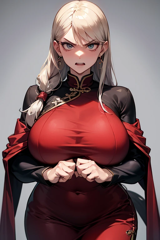 masterpiece, best quality, expressive eyes, perfect face, 1 girl, big eyes, looking at viewer, large breast, big breast, bigger breast, small waist, smooth skin, mouth half open, Best Quality, Realistic, portrait, perfect figure, highly detailed, with earrings, two legs, two arms, wearing earrings, big , princess clothes, wearing a tiara, in a castle, high ceiling room, red and gold tight gown, showing cleavage, long dress, areola visible, exposed, showing breasts, long white hair