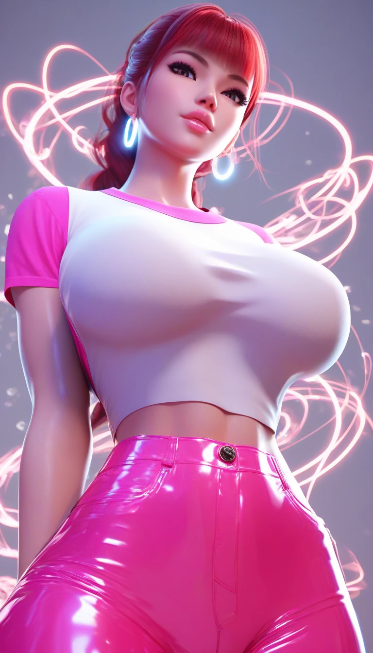 blush, cleavage,glowing aura, natural light, masterpiece, glossy skin, juicy lips ,long hair, hair style,sexy, hot, , random expression, red eyes, smirk, ,huge cleavage, puckered lips, juicy lips, bimbo, hour glass, , tits focus, tight skirt, pissed, black skirt, t-shirt, black hair, red lips, ((rainbow highlights in hair)), rainbow, ((rainbow glitch)), cyber, cybernetic,