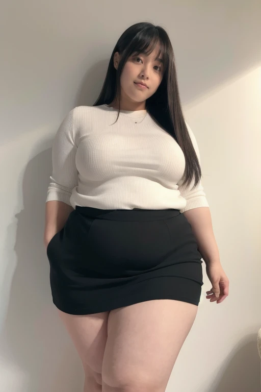 best quality, masterpiece, Weight 120 kg, extreme obesity, severe abdominal obesity, severe visceral obesity, Belly fat is prominent, severe abdominal obesity, mini skirt, high heel, ssbbw