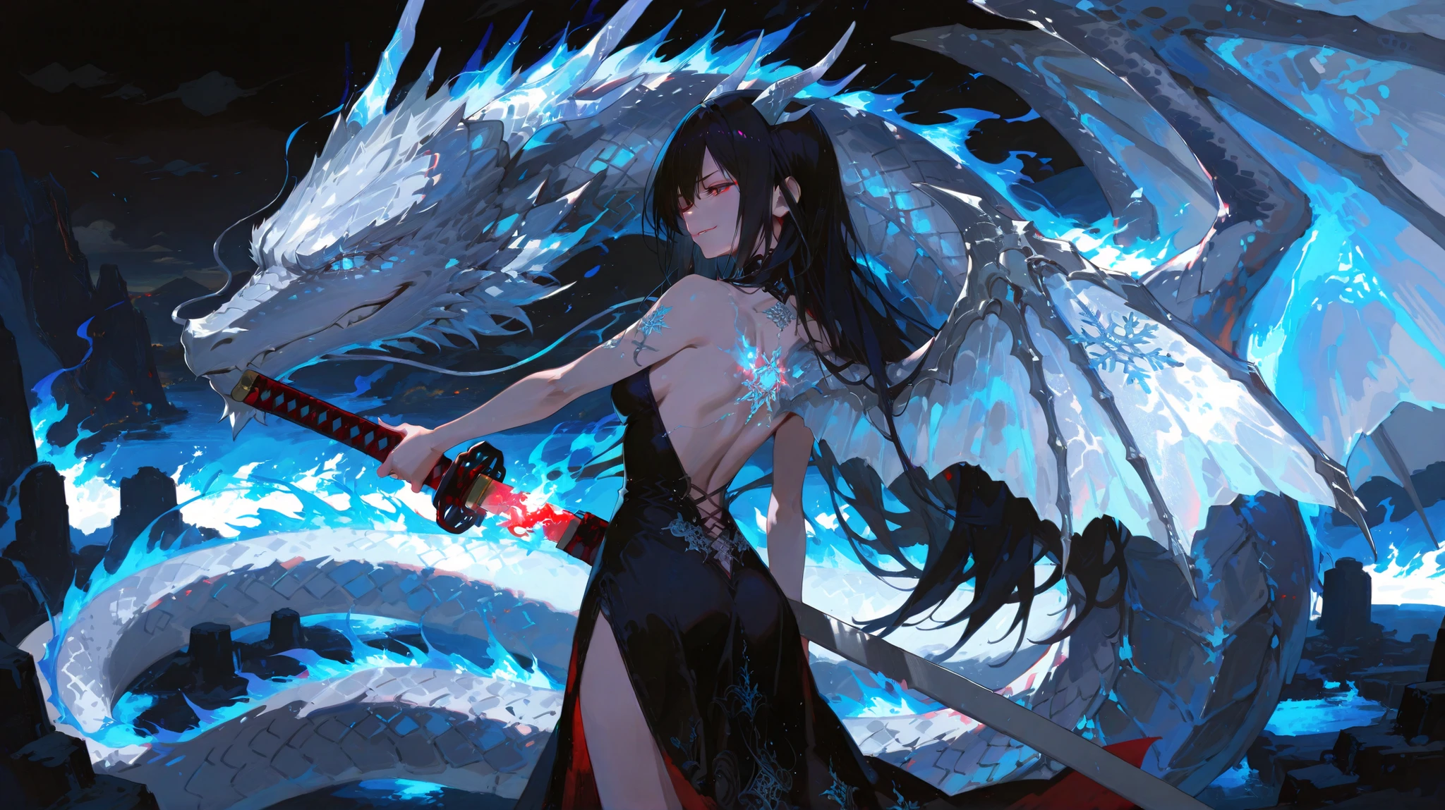(Unbelievable high resolution , masterpiece , highest quality , highly detailed , Clear image , 8K , CG , high quality anime picture , Photographic perspective ) , a confident anime girl, 168cm tall, long black hair, red right eye shaped like a dragon's eye, black left eye, backless white dress, holding a blue flame katana, slight smirk, D-cup, standing in an icy landscape, silver eastern dragon horns, silver dragon wings , glowing detailed blue flames around her, ultra-detailed, fantasy, dramatic lighting, high-resolution, intricate design, cinematic atmosphere , Anatomically correct, Snowflake tattoo on the middle of the back,