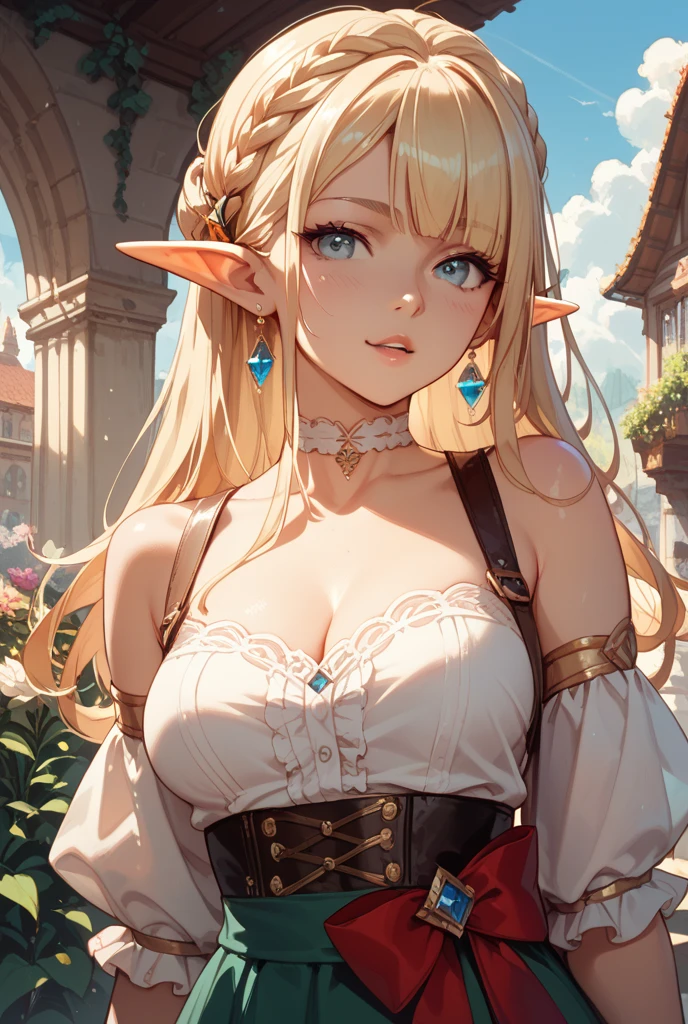 Original Character, Volumetric Lighting, Best Shadows, Shallow Depth of Field, Close Up Of Stunningly Beautiful Girl, , Wide Hips, Thick Thighs, Slight Chubby, , Delicate Beautiful Attractive Face With Alluring Red Eyes, Sharp Eyebrows, Half Open Eyes, Elf ears, Cute Smile, Lovely Big Breasts, Layered Long Blond Hair With Ribbon Tied To A Part Of Hair On The Side, Blunt Bangs, Long Straight Hair, Pale Skin, Ear Piercings, Blush Eyeshadow, Blonde Thick Eyelashes, Long eyelashes, Slim Waist, Lace Lolita Princess Dress, (Garden Background:1.1) , Standing , Half-Body, Posing, (Highest Quality, Amazing Details:1.25), (Solo:1.3), Brilliant Colorful Paintings, Looking At Viewer, detailed face, detailed hands, detailed eyes