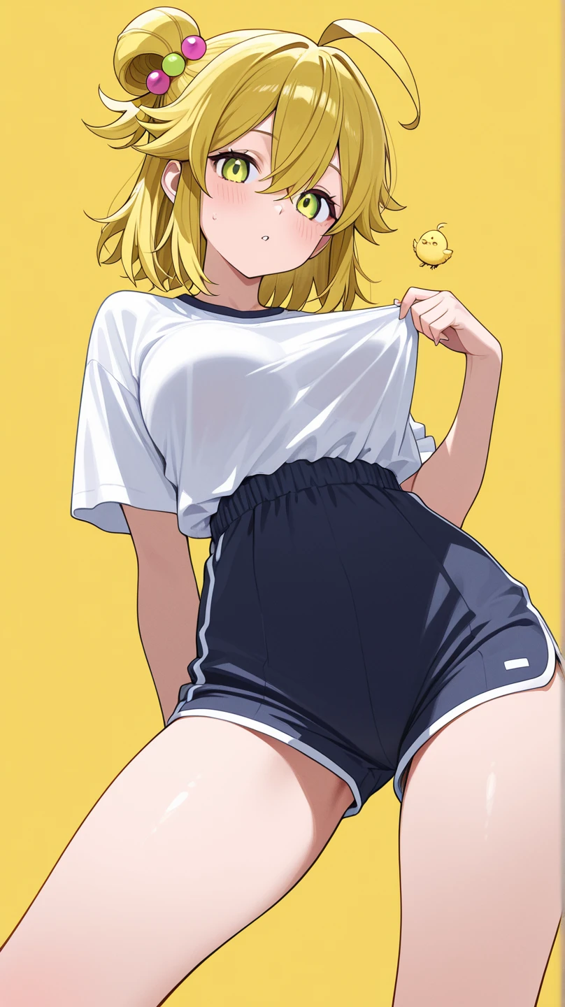superflat, flat shading, flat colors, closeup, low angle, wide angle, 1girl, young , 13yoat chest, straight blonde hair, school shirt, (white panties:1.2), standing in grass meadow, sunset, evening, dark, vibrant colors, lwsh