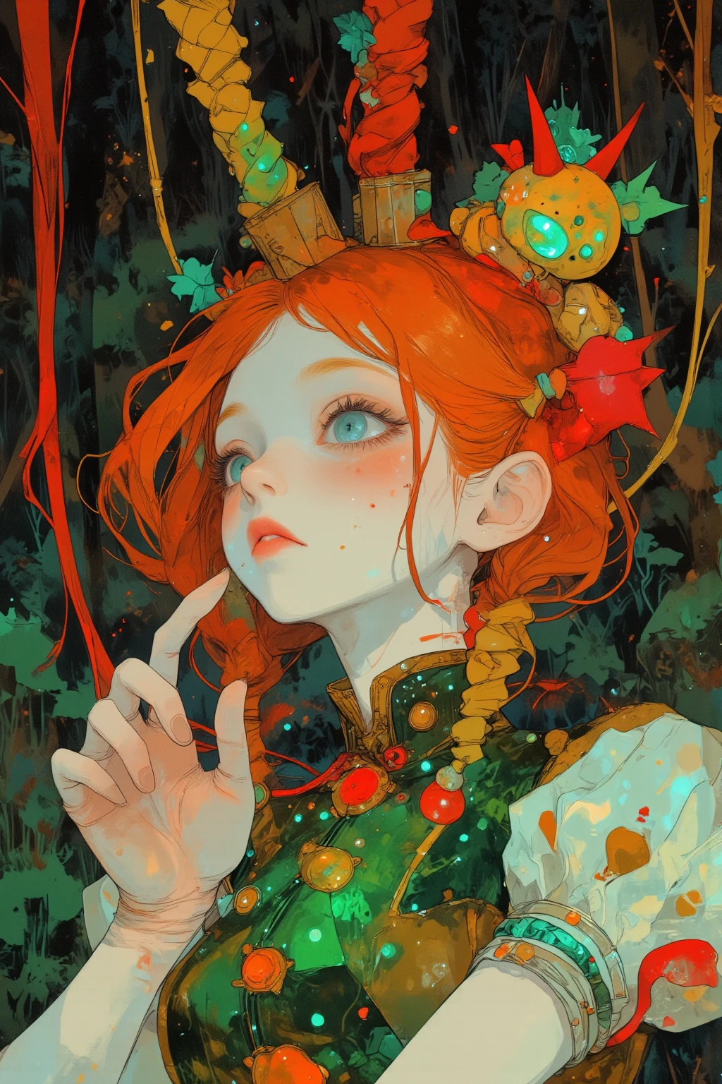 鮮やかなgreenい瞳の女性が描かれた精緻なイラスト,Her hair is bright orange-red,has multiple braids、Each one is yellow、green、green、and red threads are intertwined,The braids come together and are connected to a red sun-like decoration in the center, her expression is gentle ,Her lips are slightly open and make you feel curious and thoughtful,彼女はタコの触手を思わせる華やかな渦巻き模Mr.の太い輪郭と円形のアクセントで装飾された奇妙なドレスを着ています,The background creates a fantastic and dreamy atmosphere in a deep forest,Mr.々な種類のgreenの森,emerald jewels shine on both her hands,with careful attention to detail,fantasy and elegance are mixed,暖色系と暗い森林のgreenきらめく背景が美しく対比, anime moe art style, Cute Core, cute art style,  cute anime , Official Artwork, evokes a sense of magic and wonder,Dreamy psychedelic anime, Anime Art Nouveau, space display , animated film, Mysterious still images