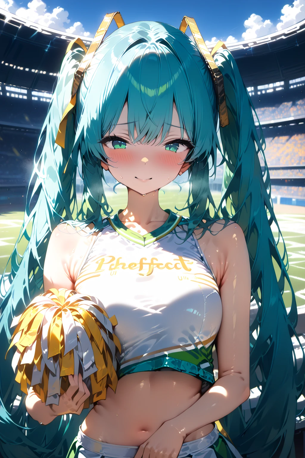 32k, 16k, 8k, best quality, ultra-detailed, high resolution, perfect anatomy, head on, stadium background, cheerleader, high quality eyes, cute girl, peek from below, happy smile, ligth green hair,