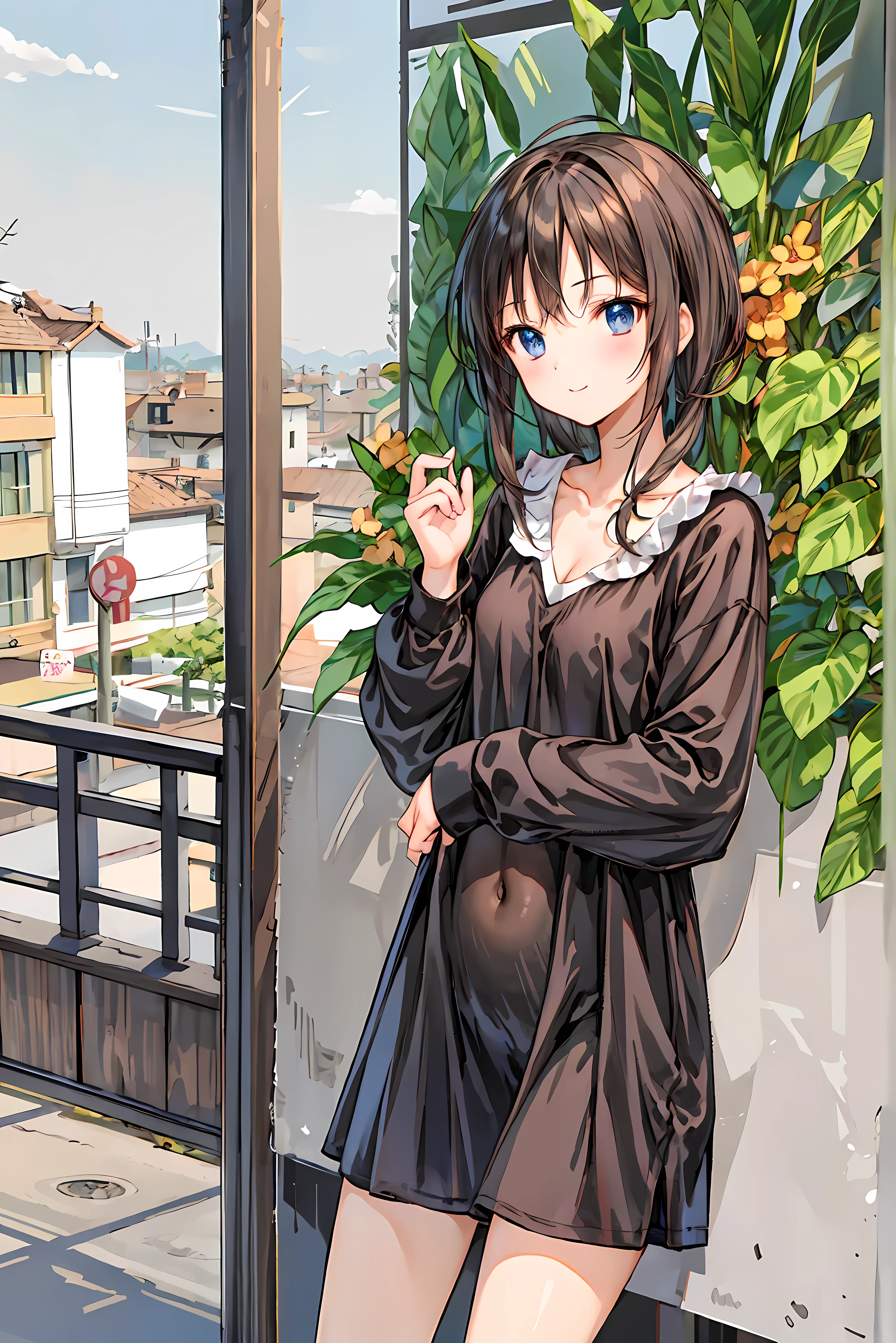 ( masterpiece), Highest Quality, cute girl leaning on a wall, embarrassing, , Intimate moments, cute, cropped shirt, look down, high angle, close, BREAK she says embarrassing, she says , Forest Setting , cute imgae, hair, shortcuts , 乱れたhair,短い編み込みのhair, Neat , slender and beautiful woman with C cup breasts, correct posture,small breasts, beautiful leg, has enchanting gray-blue eyes that shine like stars, droopy eyes , bright colors, beautiful eyes on my stomach,A delicate smile,Textured Skin, Highest Quality , gentle beautiful woman , anime style、