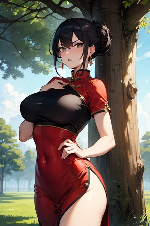 melhor qualidade:1.3), (qualidade 4K), good composition, ((red_eyes:1.3)), (day:1.2),yor, Grinning smile) ,(((blush))))), Seductive smile, jewelry, large_breasts, huge breasts, sagging breast, mature woman,wet, thicc thighs, naked , garden, upper body, hands to hips, lubricant skin groin area, oily skin,,((large aparture, Professional Lighting, Sony A7R4, Zessie 50mm f1.8,Beautiful detailed eyes,