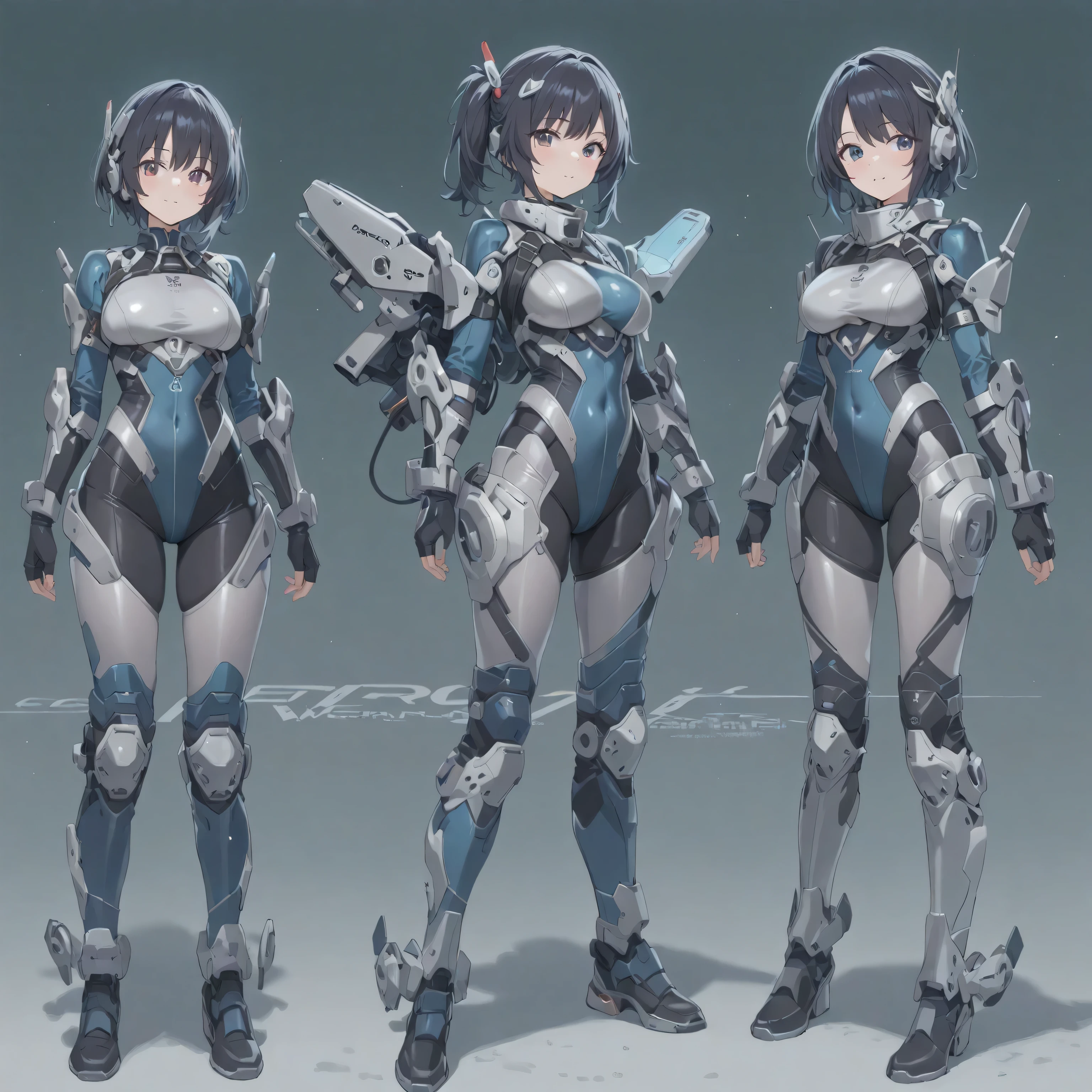 (masterpiece、highest quality、highest resolution、clear_image、detailed details、Angle from above): (full body figure、One 20 year old girl、Japanese faces、small face、Slender、Navy blue super short bob cut hair、(hidden small breasts:1.3)、sparkling blue eyes、Shiny pilot suit in blue and black colors、armor that protects the chest、tight fitting clothes、clothes that cover the whole body、shiny clothes、tight fit pants、hide the skin、very delicate and beautiful、detailed skin、hide thighs、hide your butt、cute type、gentle smile、soft expression、heroine、headset、Knee-high boots、gloves up to the elbow、eye level shot、facing directly、woman on a spaceship)