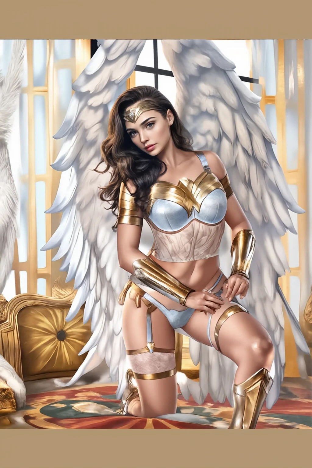 a female harpia with long curly brown hair, scorched eyebrows, eagle eyes, small pointed ears, plump lips with sharp pointed teeth, round face with a sinister expression, arms with expressive wings, large bust with hourglass waist, shapely thighs with eagle legs, entire body covered in intricate feathers, harpy character from Greco-Roman mythology, scene on top of a nest full of broken giant eggshells, (best quality,4k,8k,highres,masterpiece:1.2),ultra-detailed,(realistic,photorealistic,photo-realistic:1.37),extremely detailed eyes and face,longeyelashes,intricate feather details,dramatic lighting,warm color palette,cinematic composition
