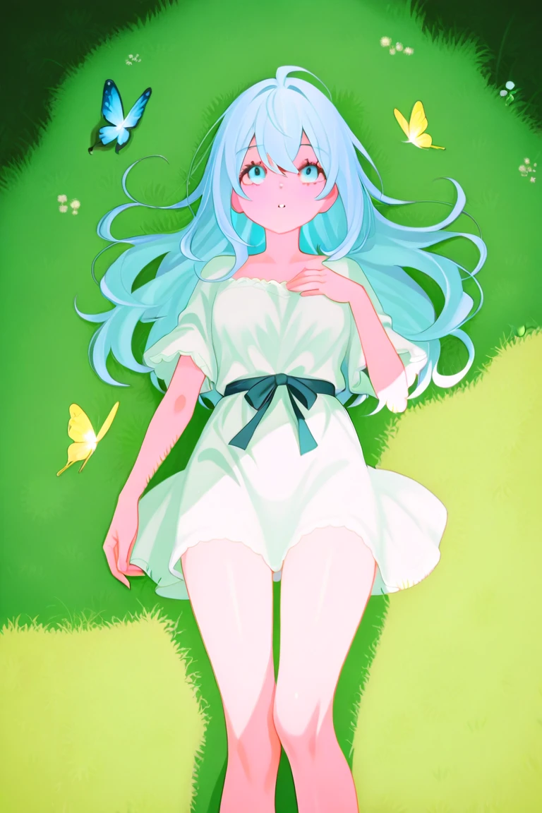 1girl,little_girl,little_body,hadou nejire, boku no hero academia, blue eyes, blue hair, cute, long white nightgown, flower garden, butterflies, dynamic angle,