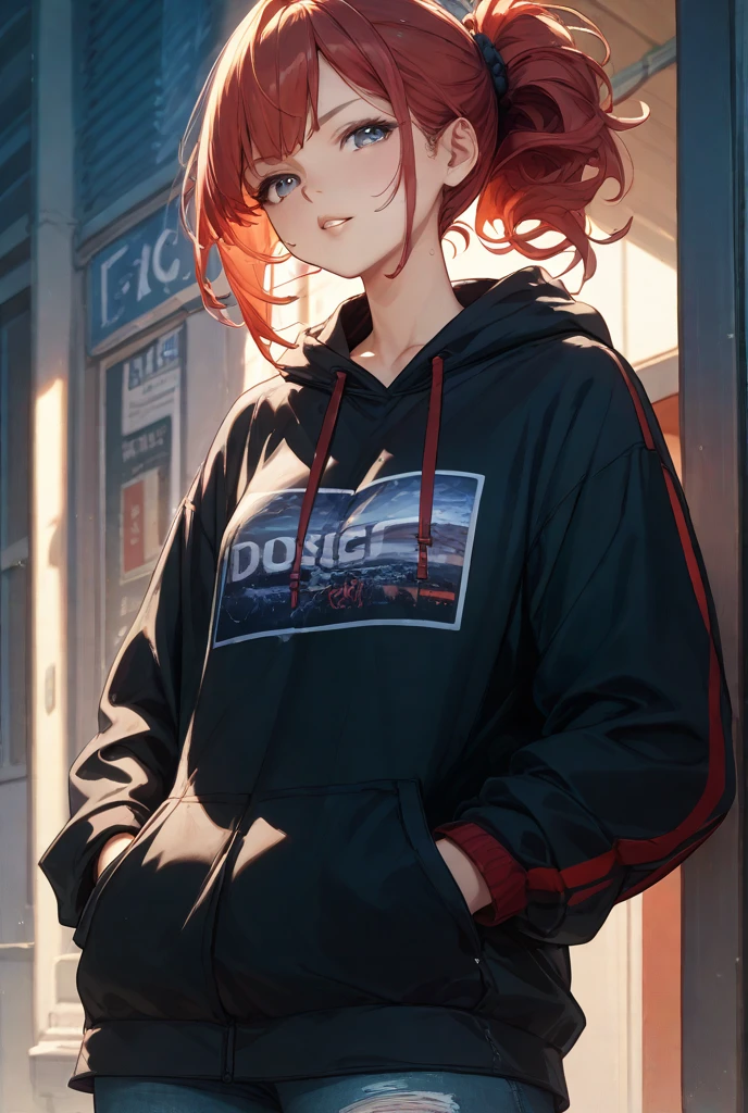 (A-15yo-petite-Girl)+,A girl eating fries at mcdonalds,Reddish-brown-short-two-side-up-hair, big-pink-hair-ribbon,Green-purple-pattern-hoodie-tunic,long-poncholinen thread fabric,busty,Moesode,best_quality,masterpiece,ultra_detailed,